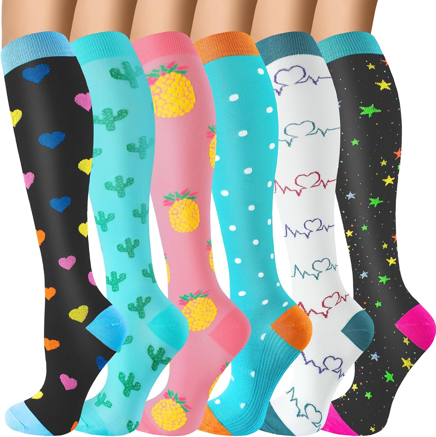 6 Pairs Compression Socks for Women Men 20-30mmhg Graduated Support Knee High Socks for Nurse Travel Flight