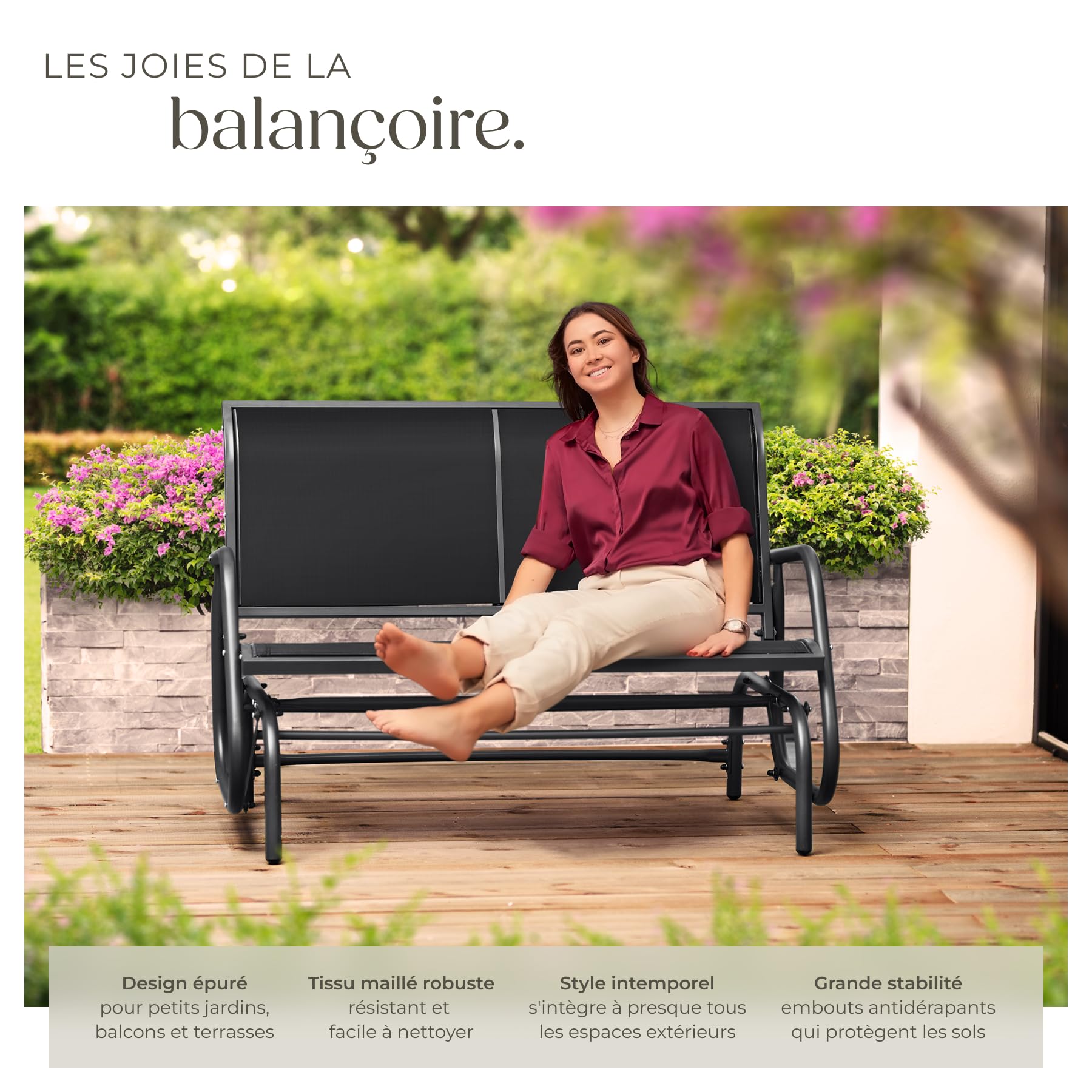 tectake® Banc de Jardin à Bascule 2 Places Solide en Acier lâqué époxy Noir, Balancelle Banquette de Jardin Résistant aux intempéries, Mobilier Amenagement Balcon Terrasse Veranda Pergola