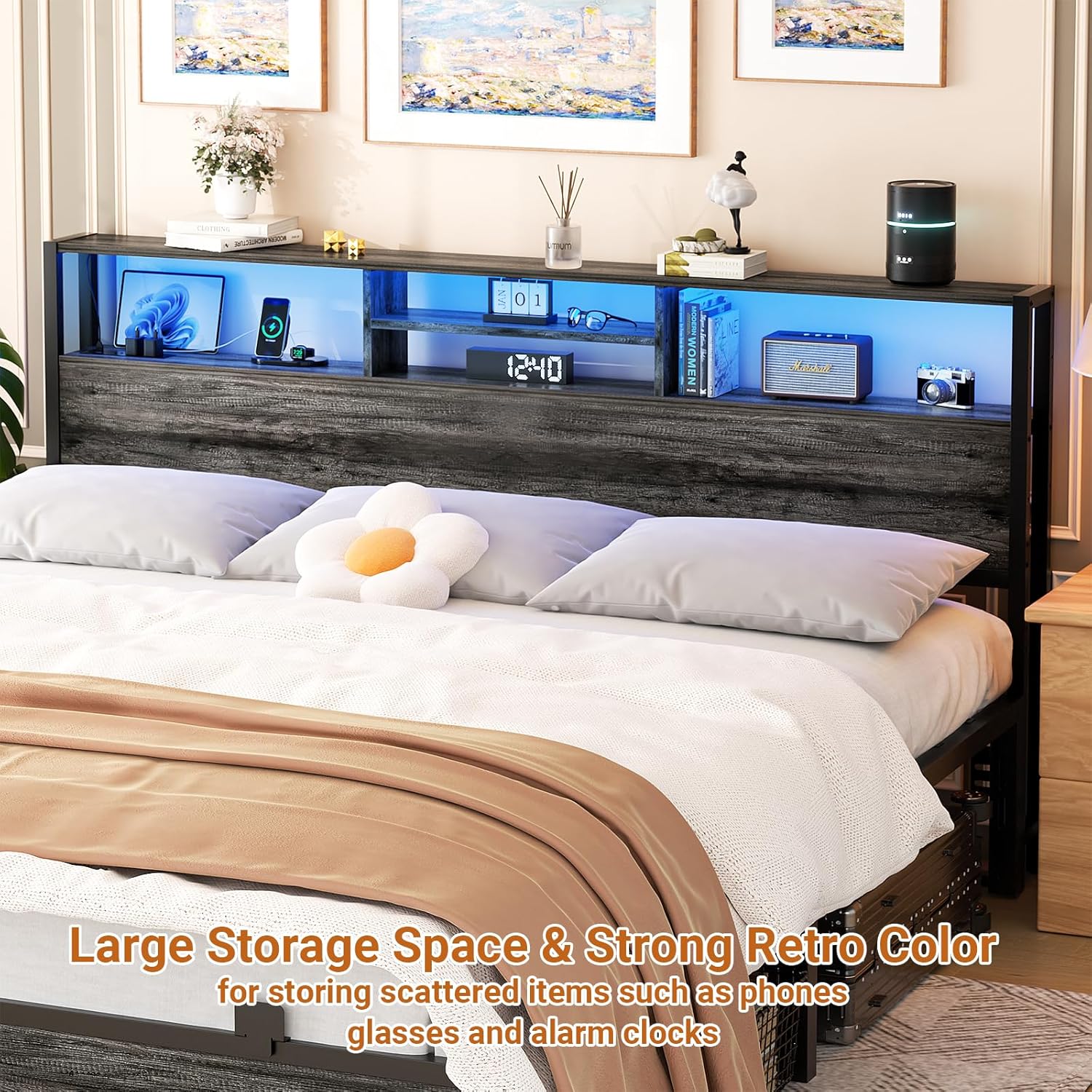 Image showing the headboard's LED lights syncing with music, with icons for built-in mic, music sync, app control, timing function, and over 60,000 colors