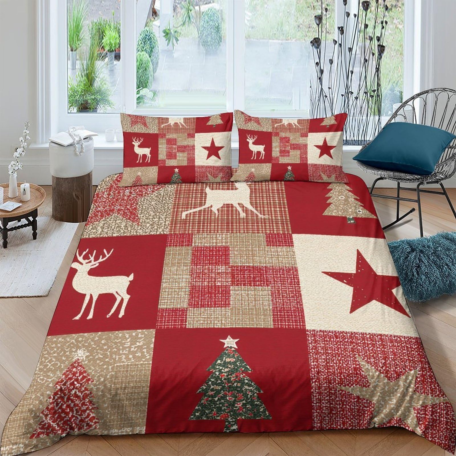 Ctjqhvkz Style-1 3D Printed Christmas Patchwork Fitted Sheet Microfiber Red Reindeer Star Bed Cover For Bedroom Dorm Decor Single（135X200cm）