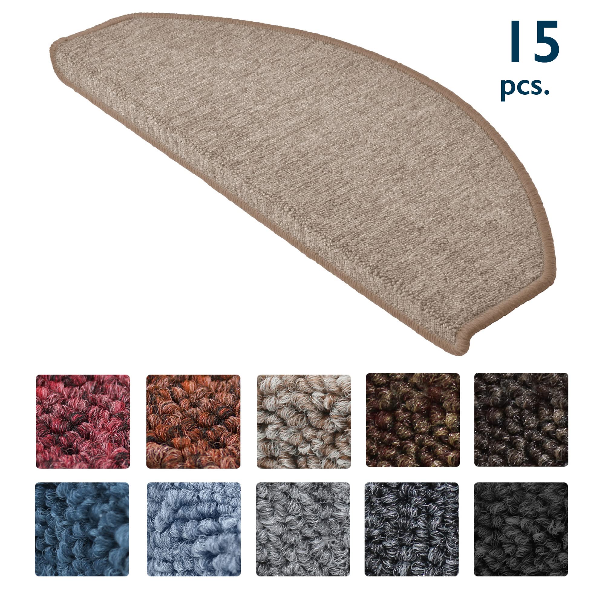 Set de 15 Unidades - Alfombras semicirculares para Escalera - 65 x 28 cm - Antiguo Arena - Perfectamente Ribeteado, Antideslizantes y Adhesivas