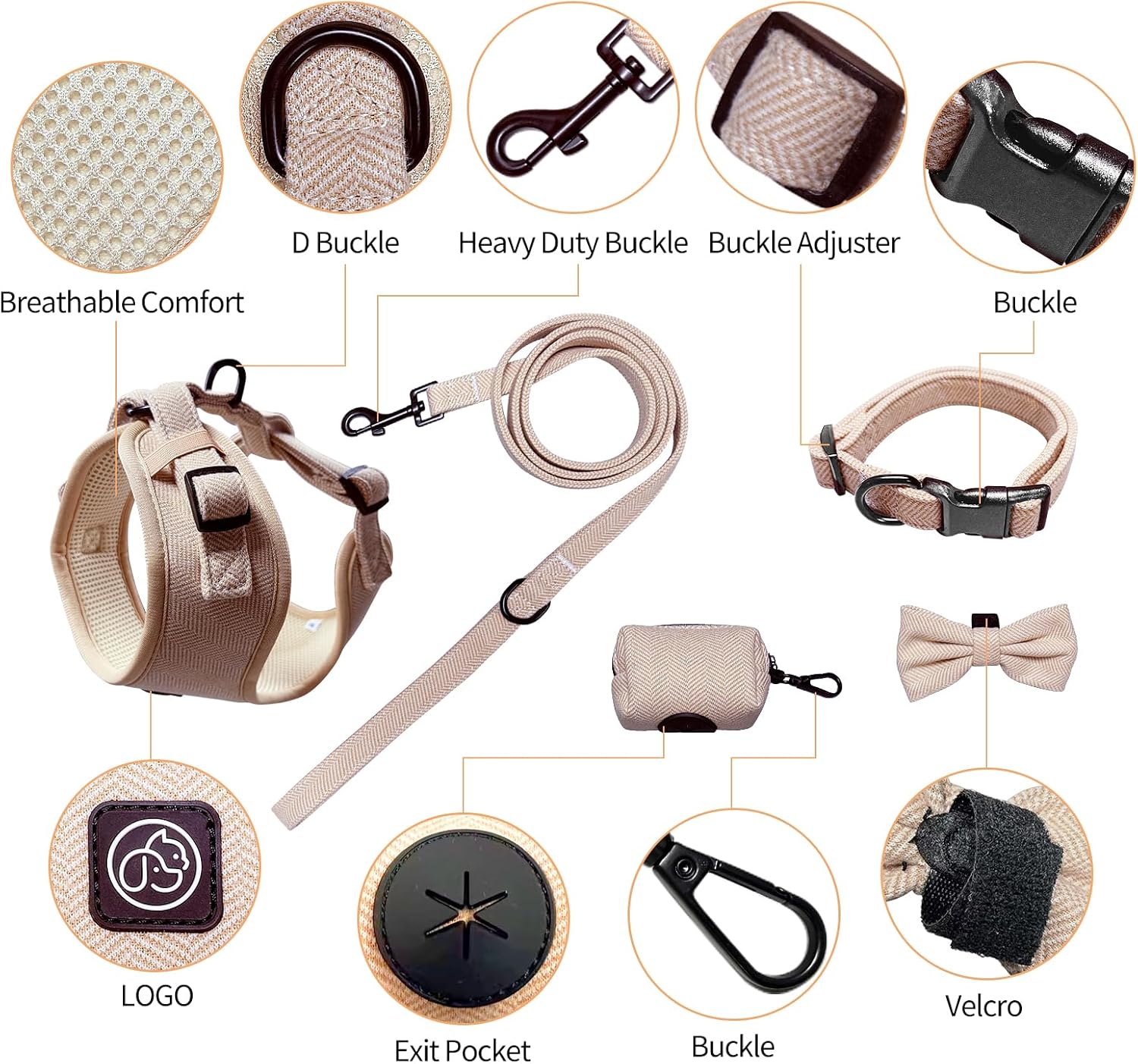 EVERKING 5-Piece Dog Travel Set, Adjustable Harness, Leash, Collar, Poop Bags, Bowtie for Small Medium Dogs, Beige, Breathable No-Pull Design (Beige, XS)