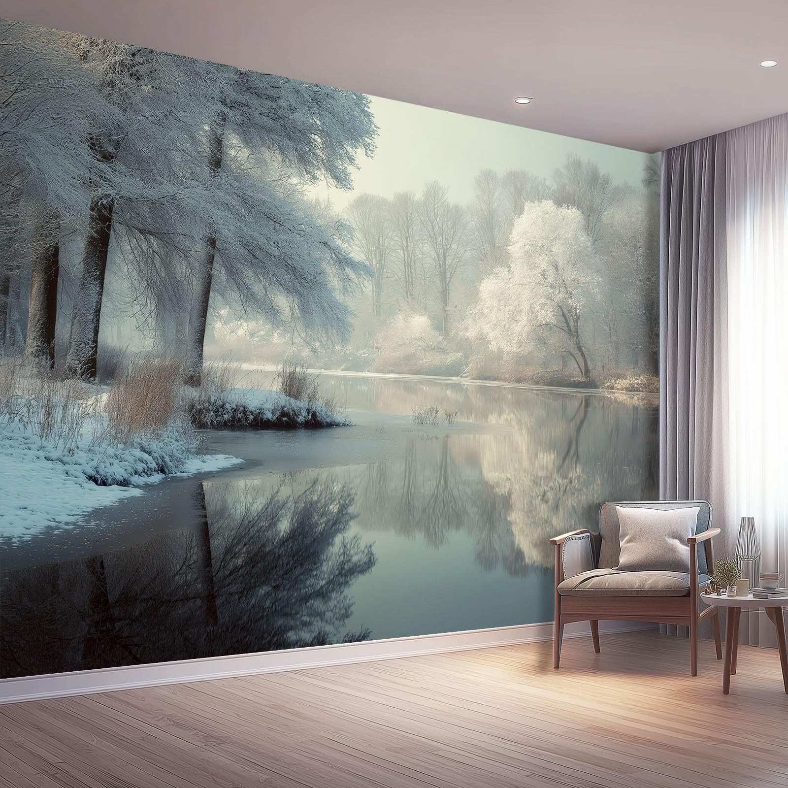 Fototapeta 300 x 210 cm ściany dekoracja salonu wzór natura do sypialni salonu tapeta z włókniny, biały las i mglisty lodowe jezioro