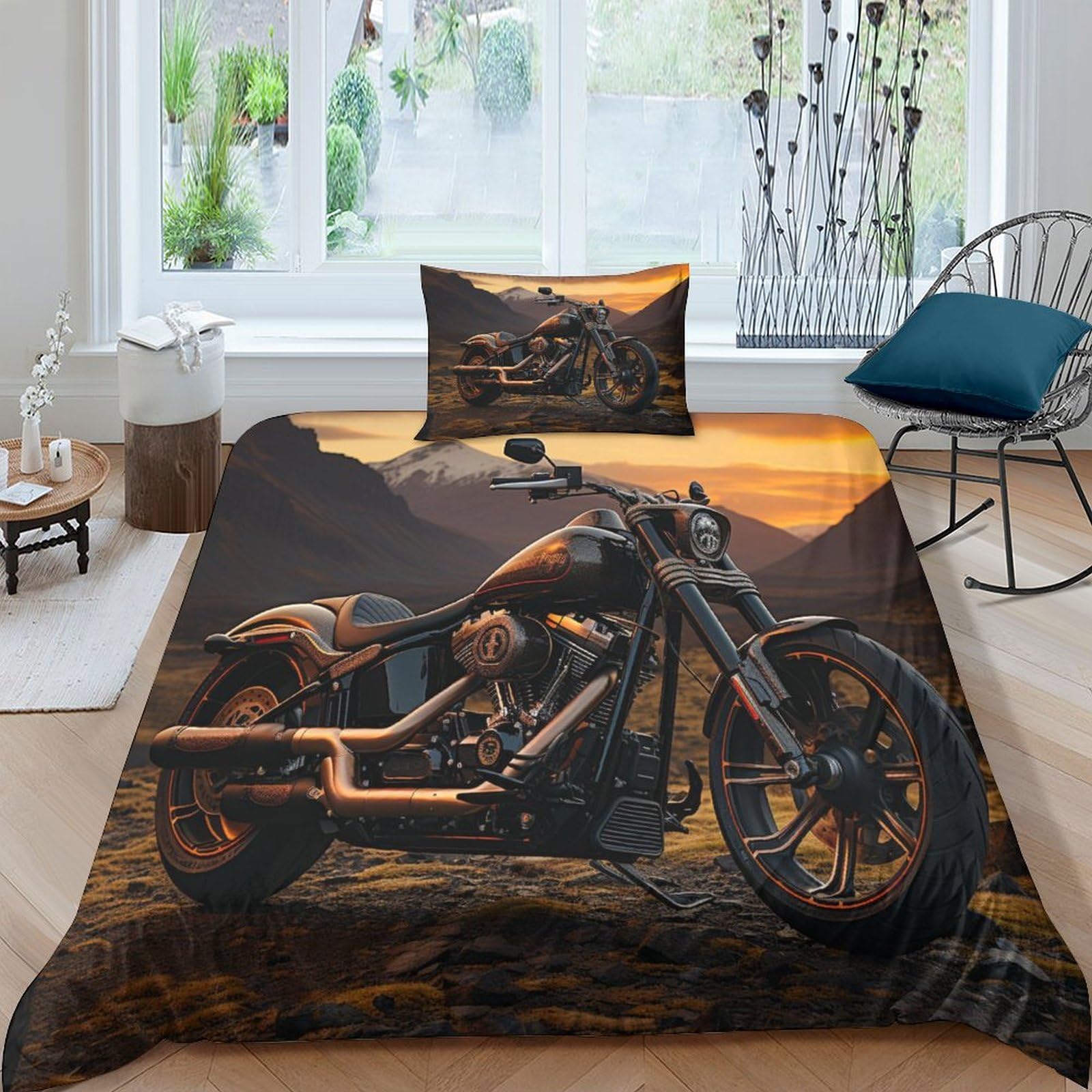 Harley Rider Duvet Cover Set 3D Printed Vintage Motorbikes Quilt Cover Soft Microfiber Bedding Sets 3 Pieces with Pillwocase Hidden Zipper Comforter Cover，for Kids Adult Teens Single（135x200cm）