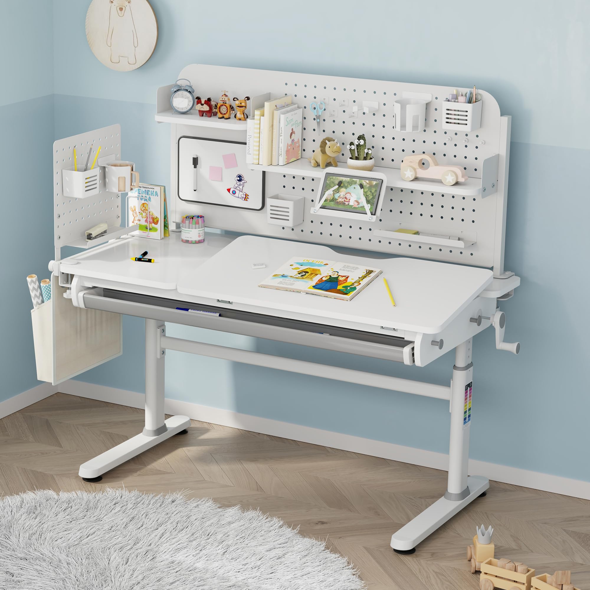 [en.casa] Organizzatore da Scrivania con Morsetti Pannello Forato Organizer Pegboard per Cameretta Studio 3 Ripiani Supporto Tablet Cuffie Porta Bicchieri Penne Lavagna Ganci 114x68 cm - Bianco