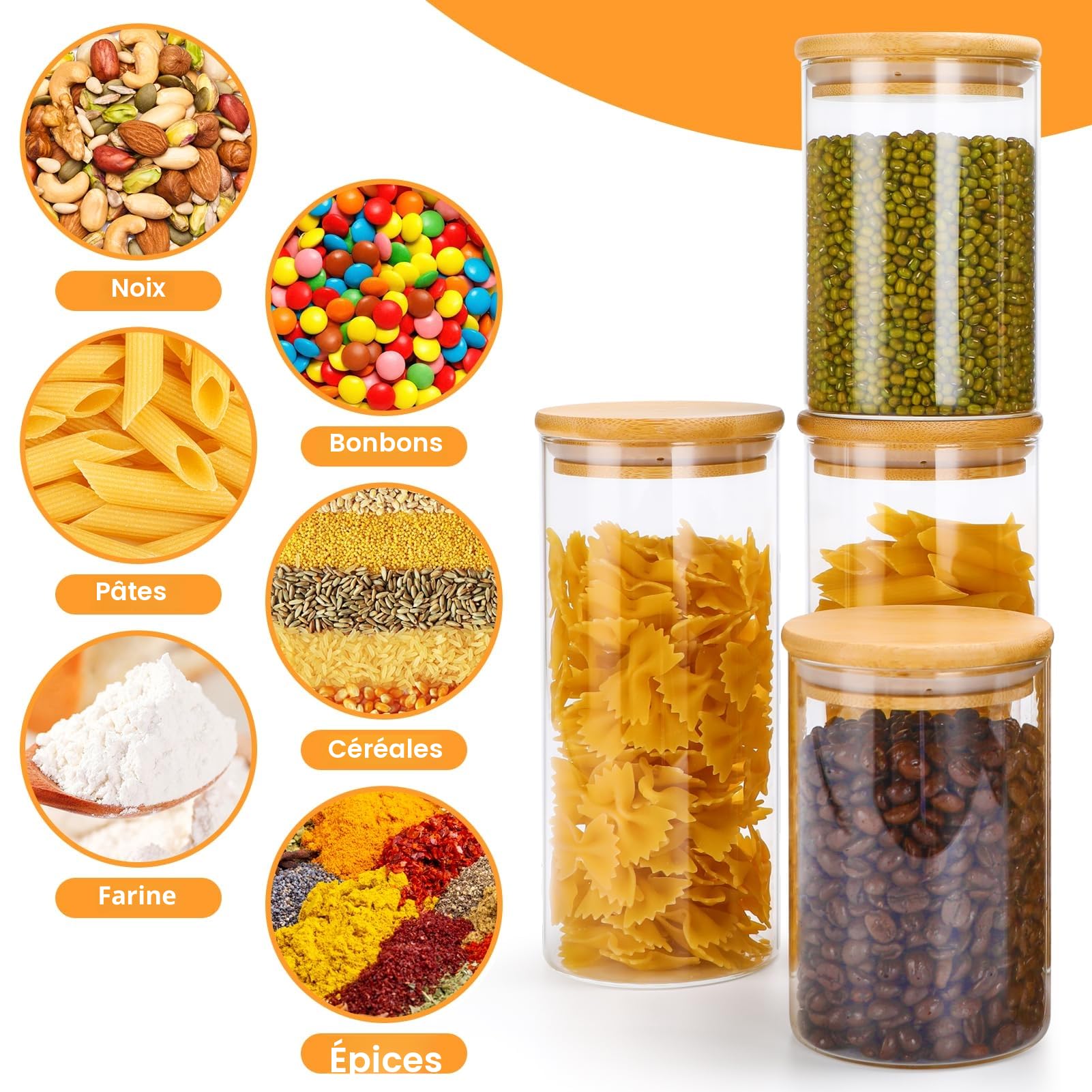 Bocaux en Verre avec Couvercle en Bambou - Set de Rangement Cuisine Hermétique 7 Pièces (2×1400ml, 3×500ml, 1×400ml, 1×900ml)