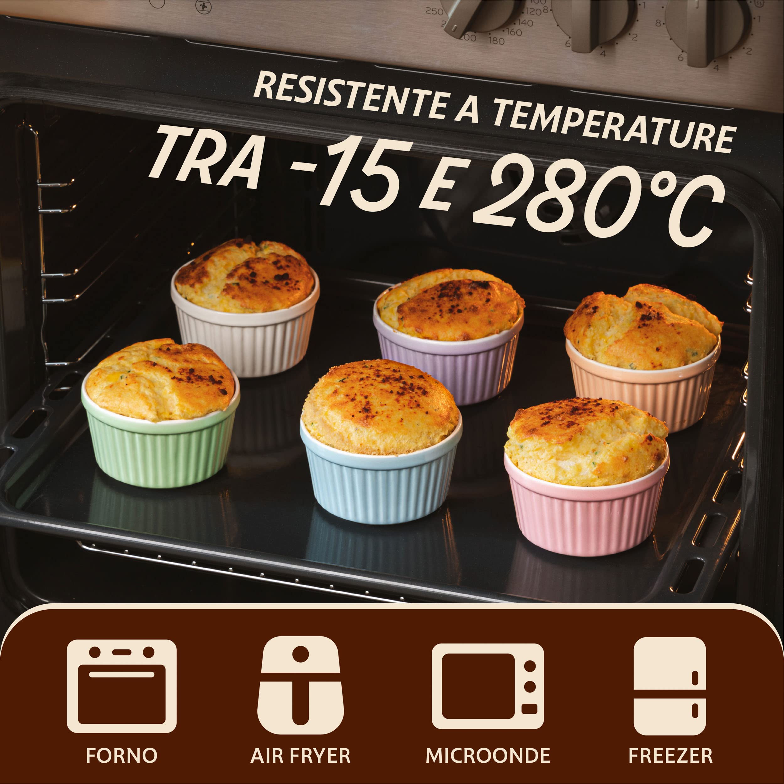 Praknu 6 Pirottini in Ceramica - Adatti per uso in Forno - 200 ml - ø 9 cm - Impilabili - Rivestimento Antiaderente - Imballaggio senza Plastica