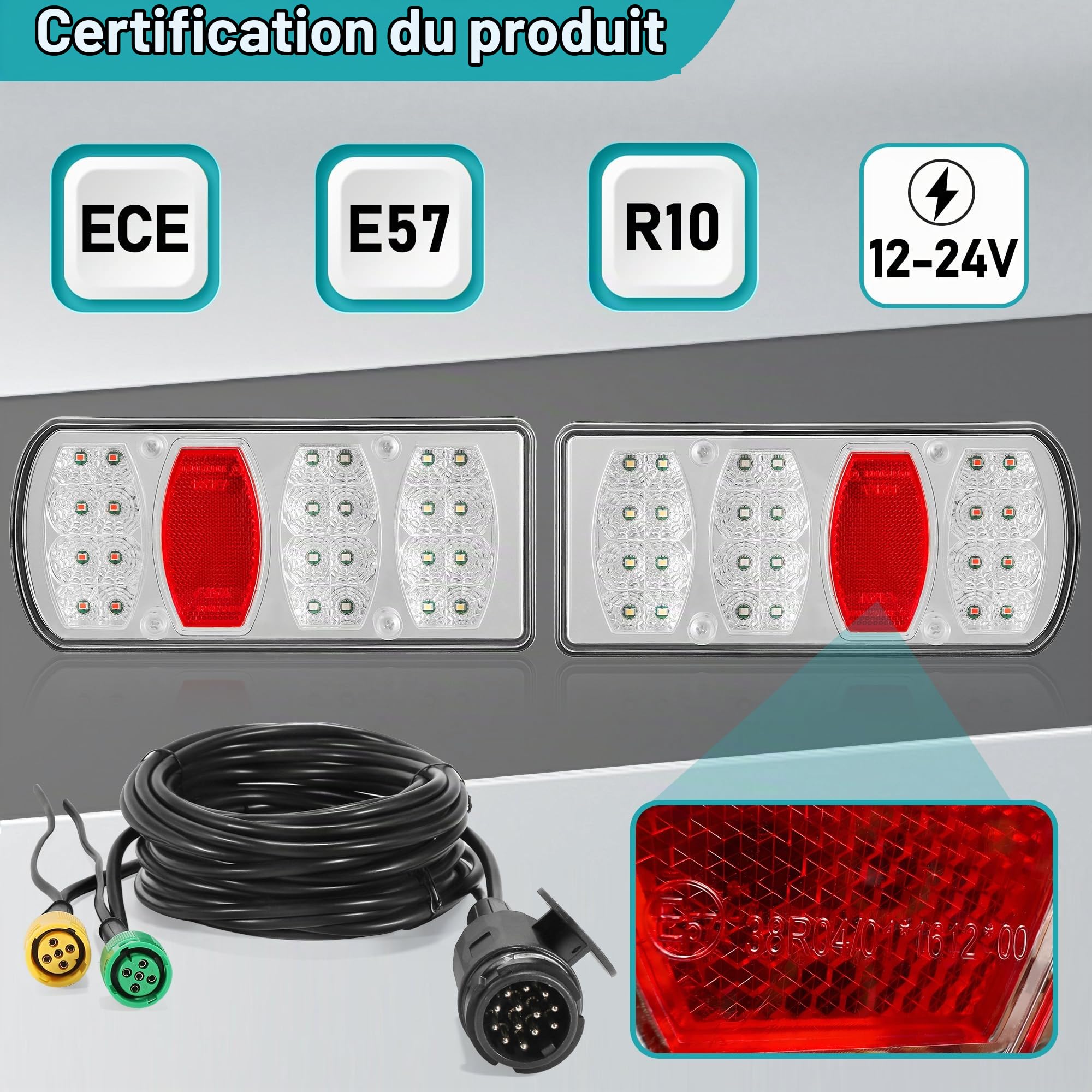 Feux Arriere de Remorque Led 12V 24V 7Functions Kit Éclairage Remorque 13 Broches IP65 Étanche Approuvé E57 avec Connecteur Baïonnette 5P 5.5M Précablé & 25cm Extra pour Caravane Camion