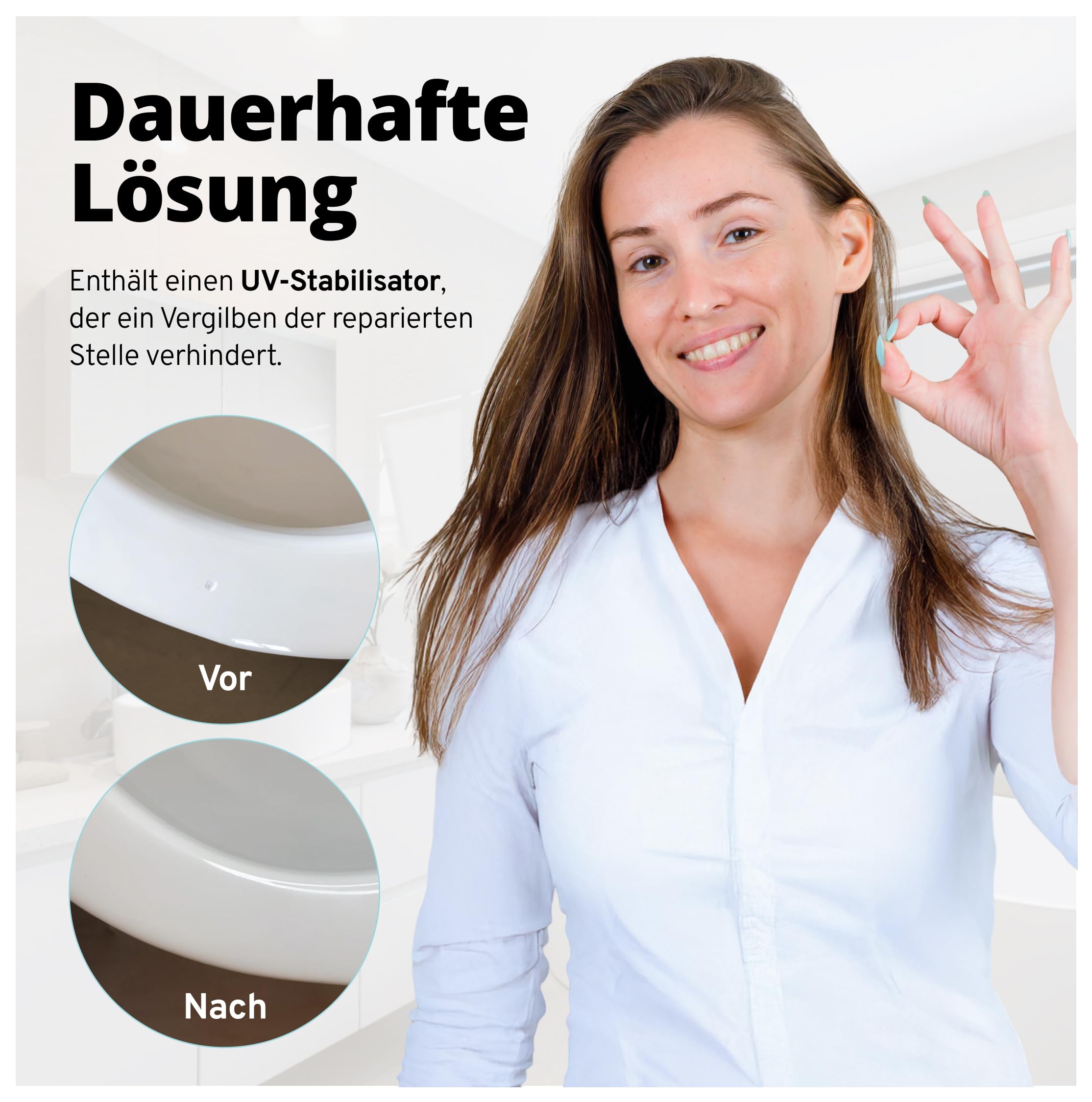 KERASYS Keramik Reparaturset - Profi Reparaturpaste für Waschbecken, Badewannen, Fliesen Komplettset mit UV-Licht, Primer & Politur - Farben: Alpine White/Star White