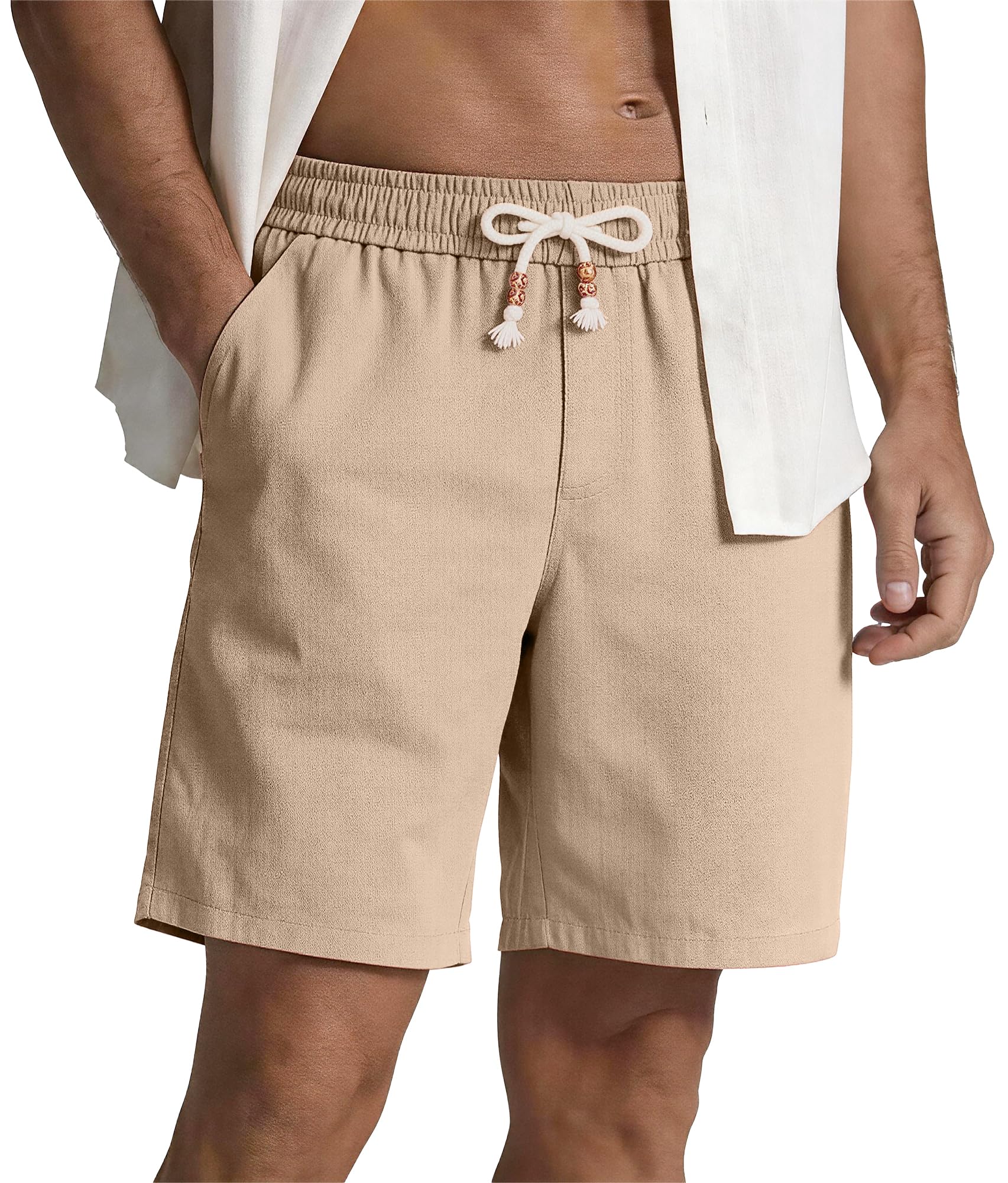 HOTake Men's Cotton Linen Shorts Casual 7 Inch Drawstring Elastic Waist Summer Beach Vacation Shorts