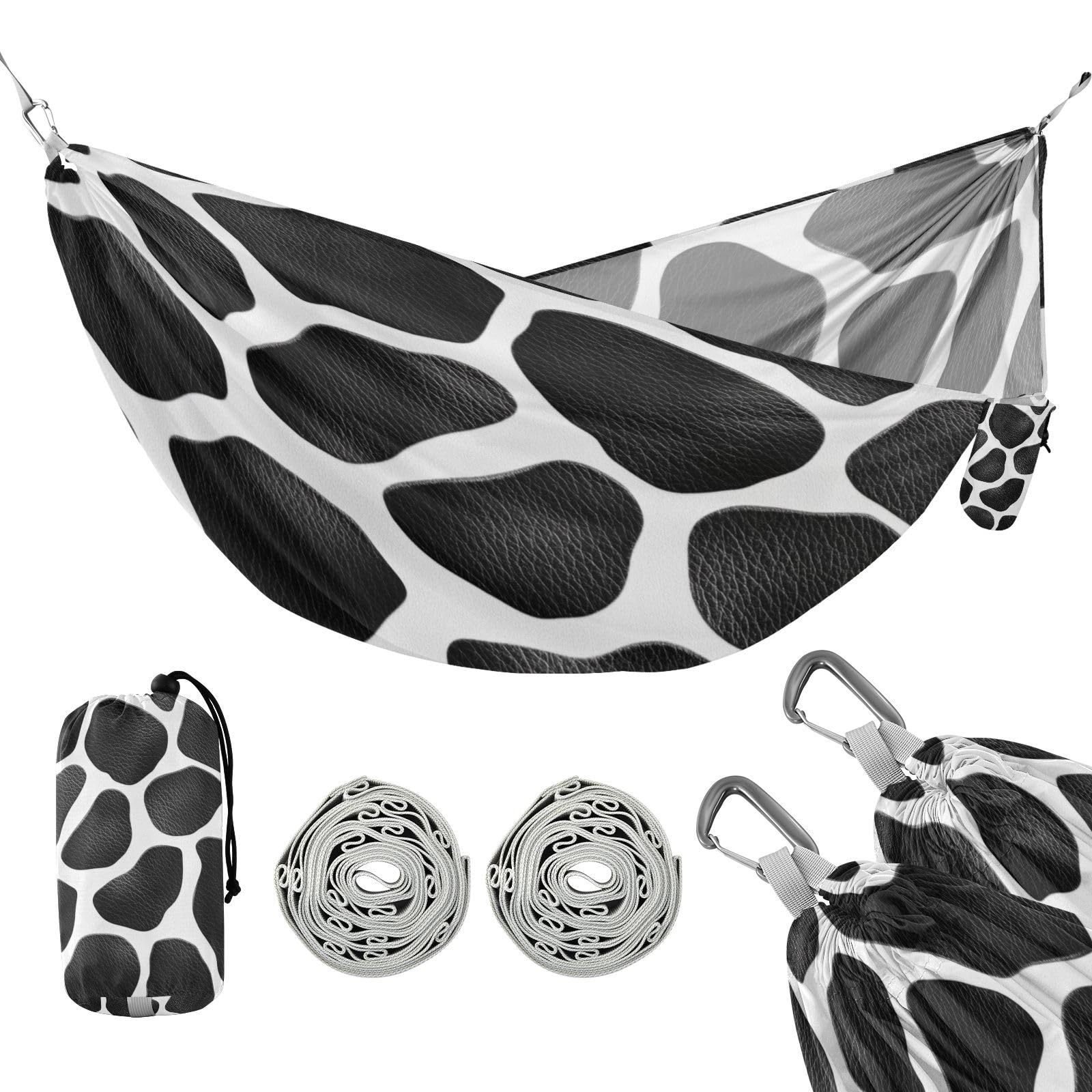 Haskirky Cow Print Camping Hammock, Single Portable Hammocks with Tree Straps & Attached Carry Bag, 330Lbs Capacity Perfect for Outside Indoor Hiking Beach Backpack Travel
