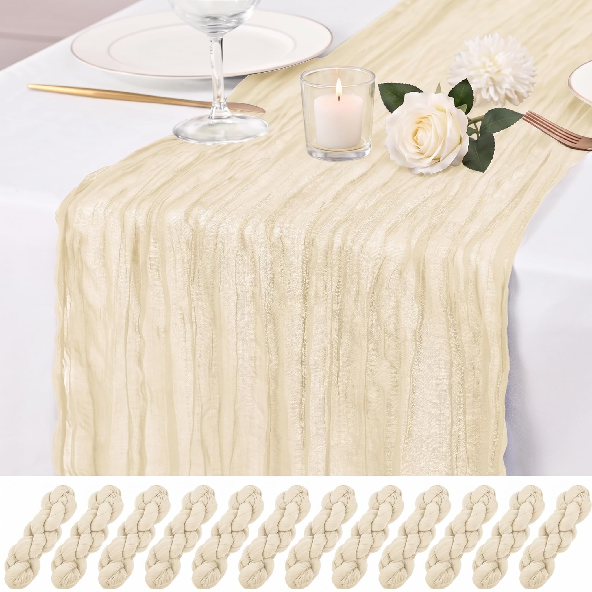 Photo 1 of 12 Pack Ivory Cheesecloth Table Runner 17x108 Inch Boho Rustic Semi Sheer Gauze Cheese Cloth Table Runner for Wedding Bridal Shower Baby Shower Party Farmhouse Dining Table Decor