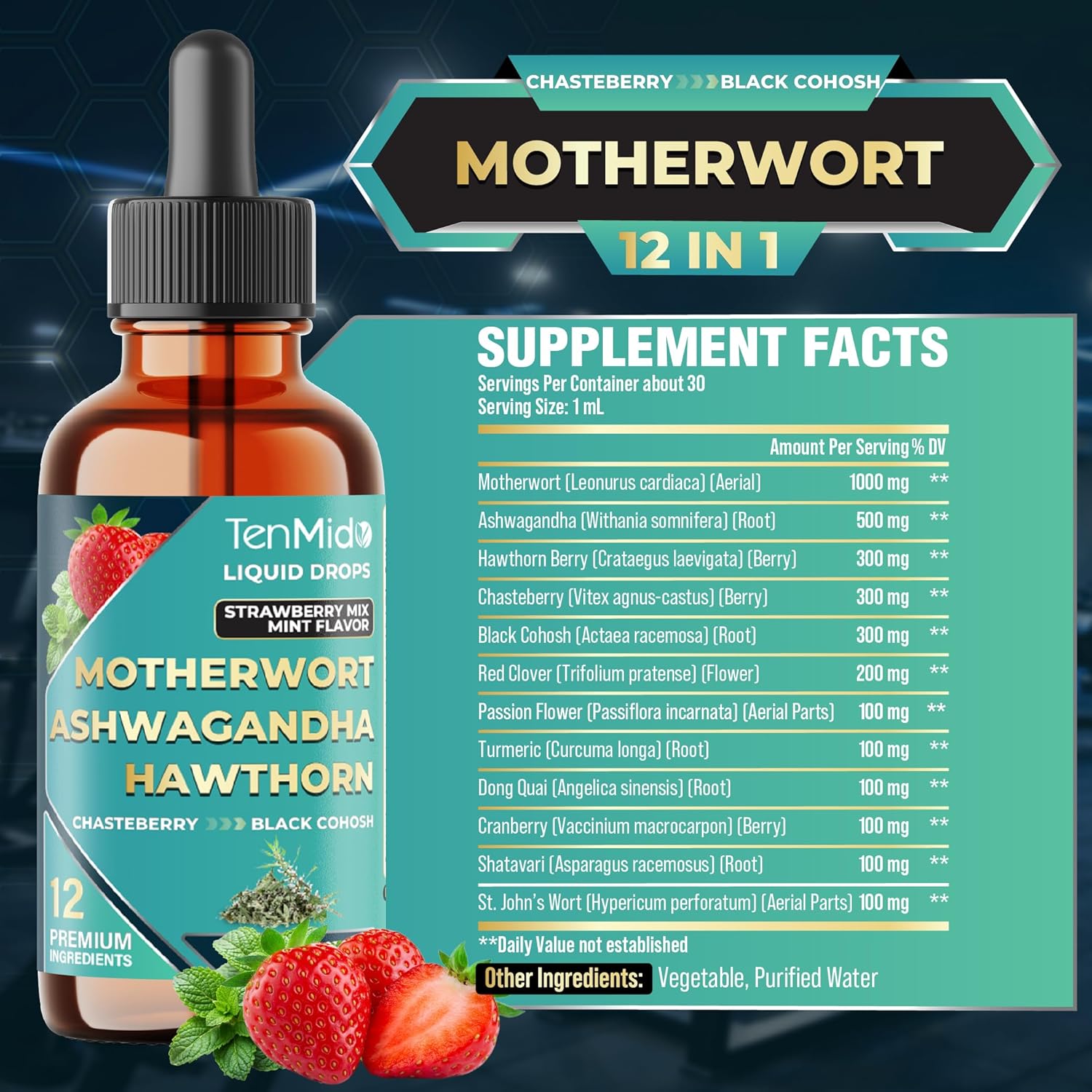 12in1 Motherwort Tincture - Herbal Extract Liquid Drops with Ashwagandha, Hawthorn Berry, Chasteberry, Black Cohosh, Red Clover, Passion Flower, Turmeric, Dong Quai, & More - 30ml 1 Fl Oz - Image 2