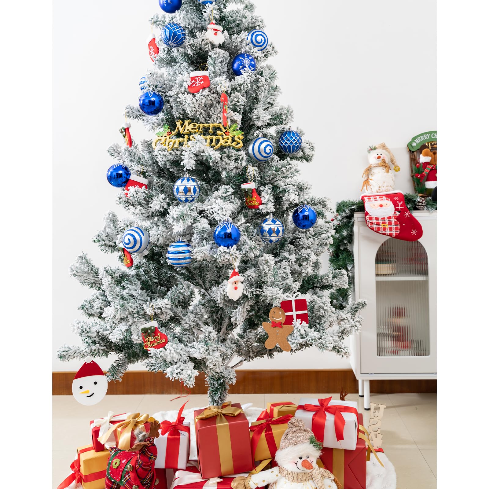 16 blaue und silberne Weihnachtsschmuck, 80 mm, große Weihnachtskugeln mit künstlerischer Malerei, bruchsichere Kunststoff-Hängeornamente für Weihnachten/Festival/Party (Blau und Silber)