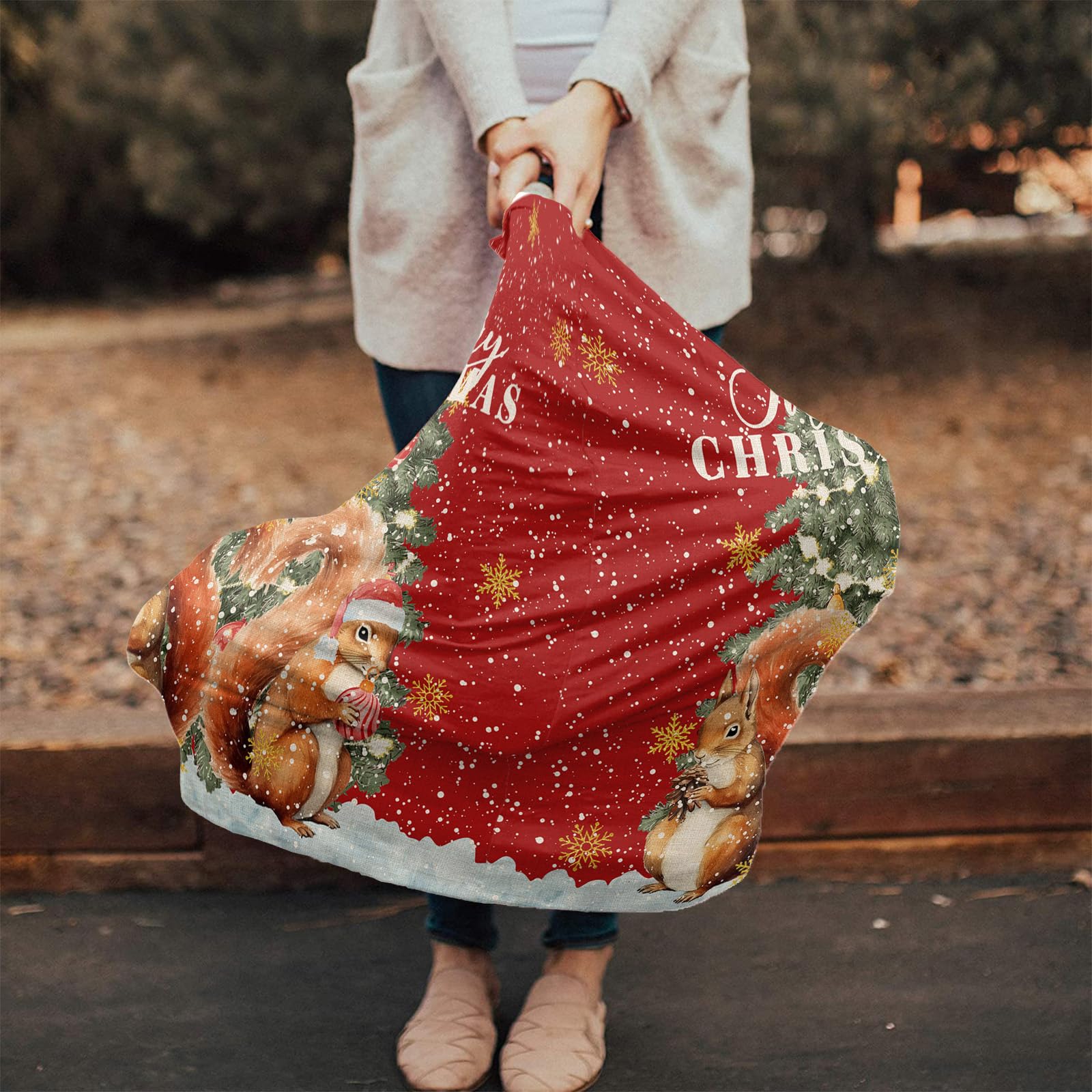 Nursing Cover for Breastfeeding Scarf, Merry Christmas Squirrel Red Retro Pine Tree Baby Car Covers Super Soft Multi Use for Canopy Shopping Cart Cover Blanket Stroller Cover