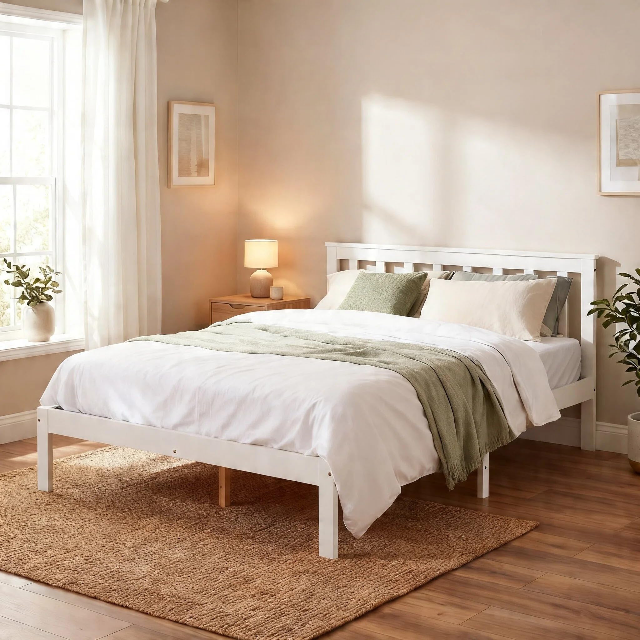 Panana Double Bed Frame 4ft6, Solid Pine Wood Bed with Headboard, No Box Spring Needed, 135x190cm Bedstead for Bedroom, Guest Room (White)