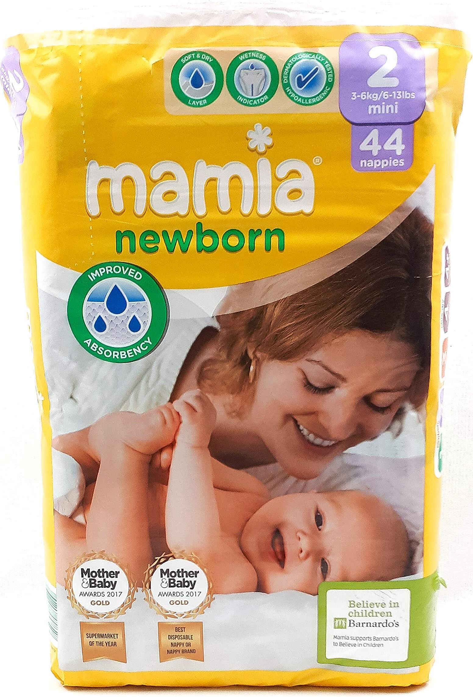 Mamia Newborn Size 2, 3-6kg/6-13lbs Mini 44 Pack of Nappies