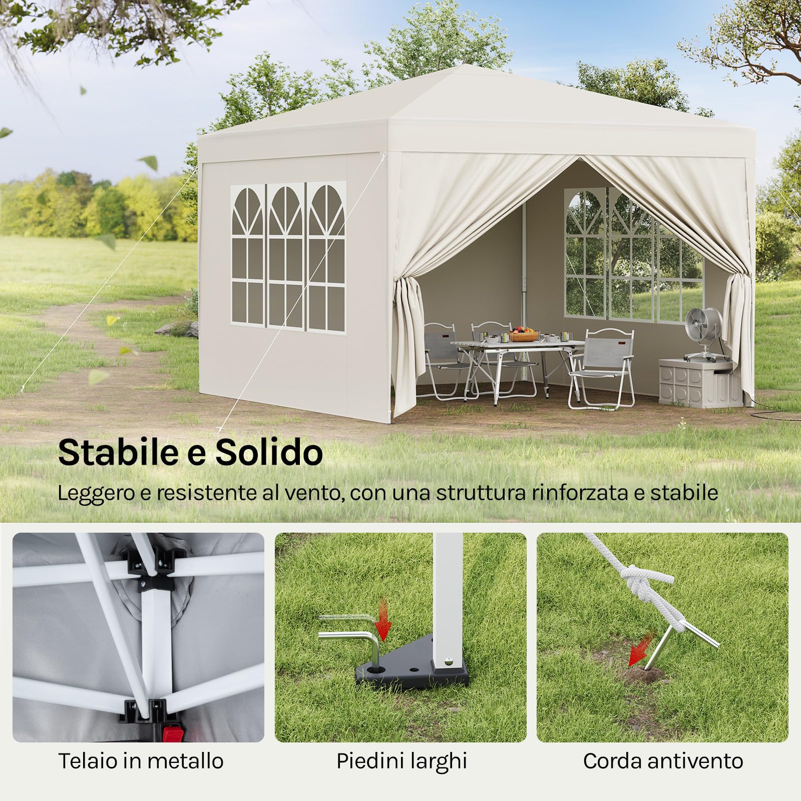 WOLTU Gazebo da Giardino Richiudibile 3x3m Gazebo da Esterno Ferro Regolabile in Altezza Tendone Pieghevole con Telo Impermeabile, Protezione Solare, Facile Montare Beige