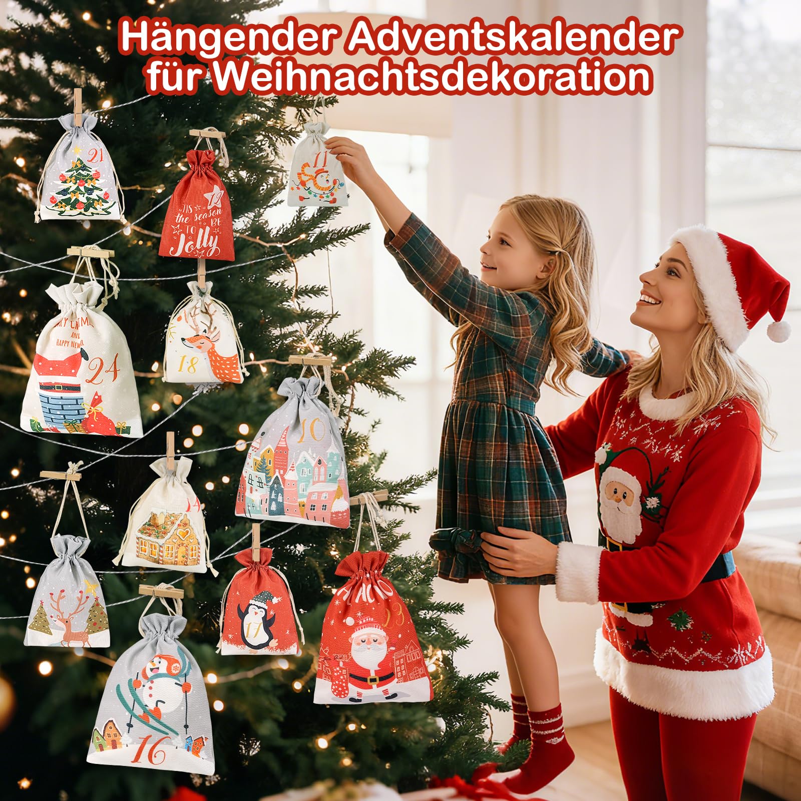 Adventskalender zum Befüllen, Weihnachtskalender Selber Befüllen Kinder, Adventskalender zum Selbstbefüllen stoff, 24 Weihnachtskalender zum Befüllen Säckchen, Adventskalender (Rot)