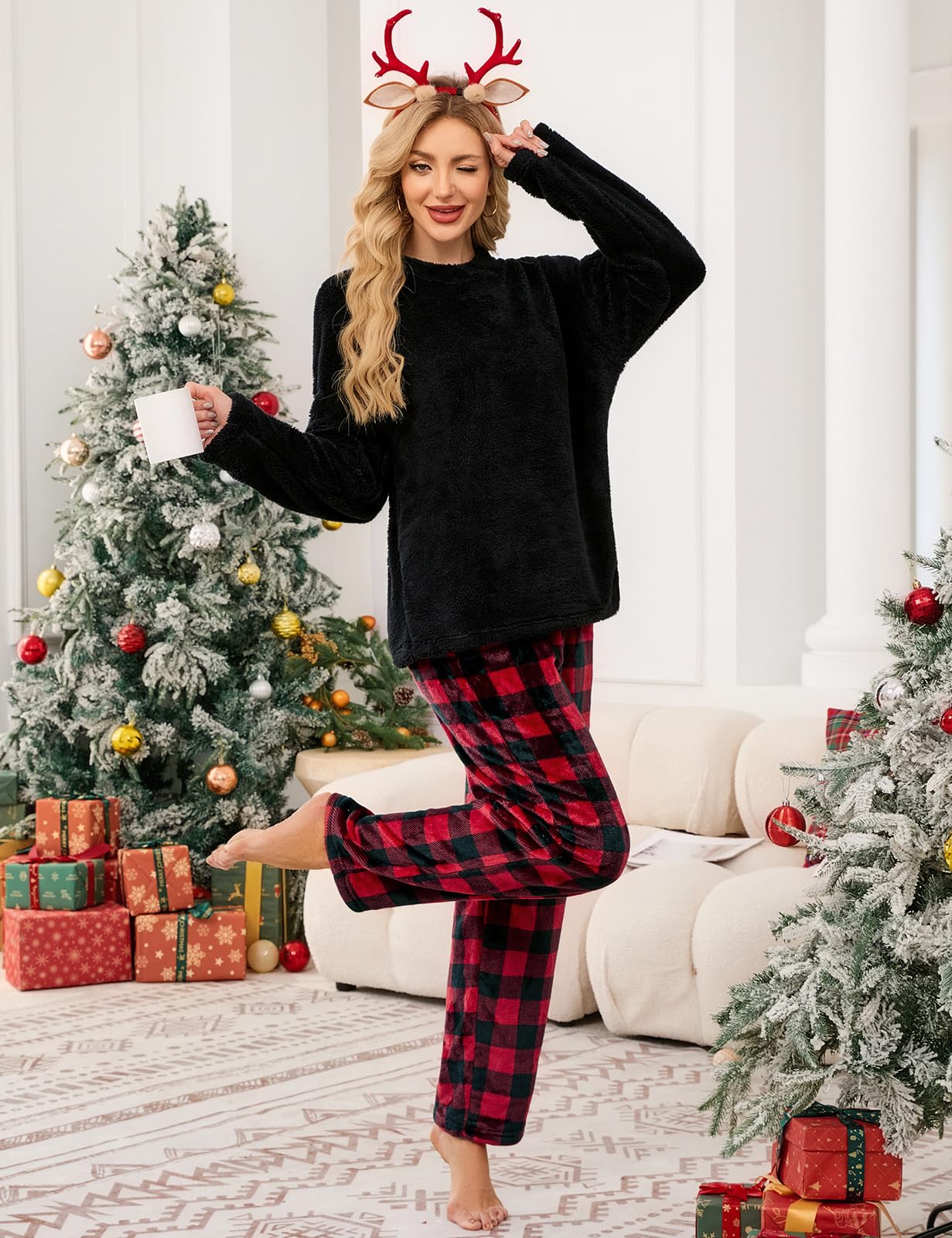 Niwicee Pigiama Invernale Pigiami Due Pezzi da Donna Pile Set Invernale in Velluto Felpa Pigiama Natalizio Morbido Lounge Nightwear per Inverno con Felpa e Pantaloni