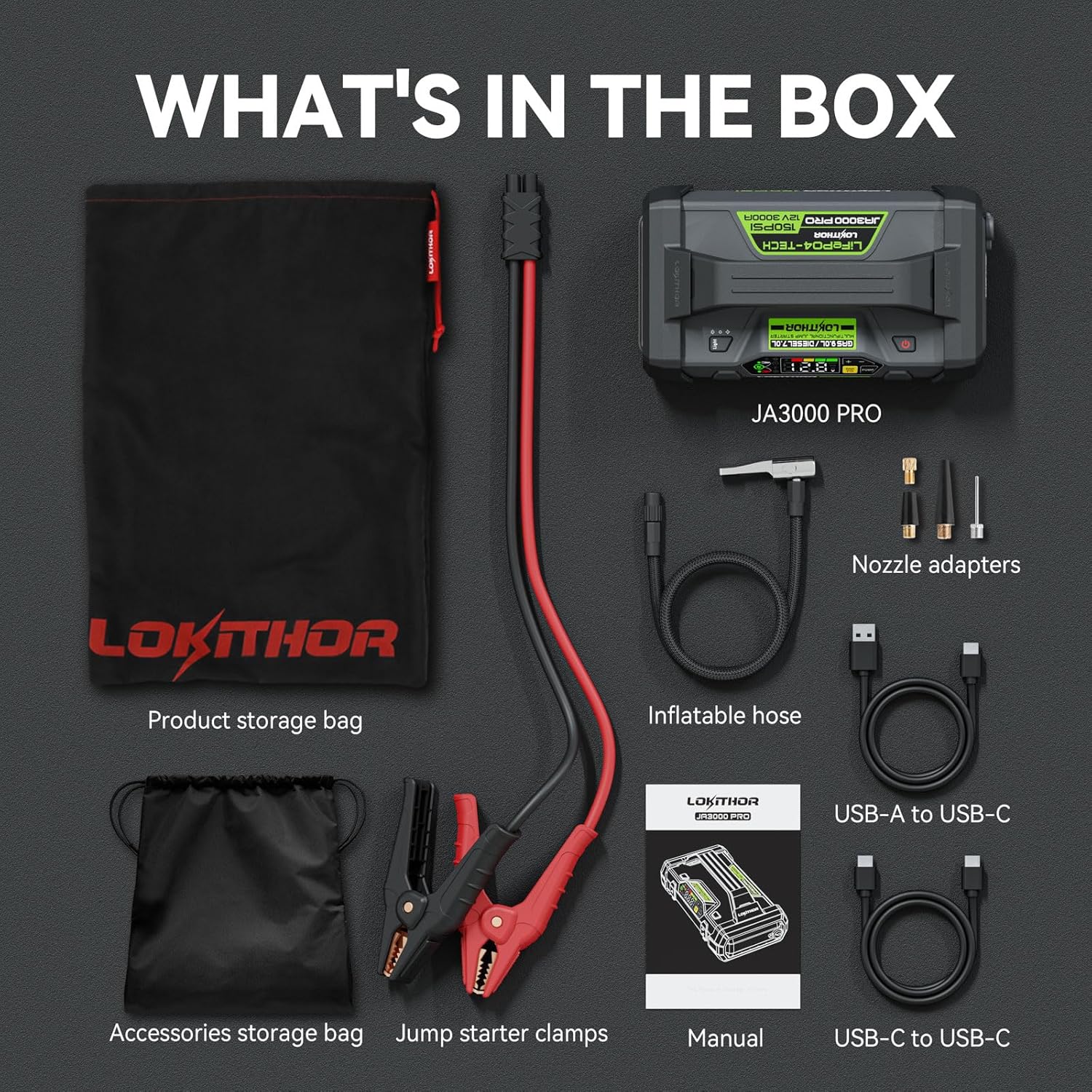 LOKITHOR JA3000 Jump Starter with all included accessories laid out