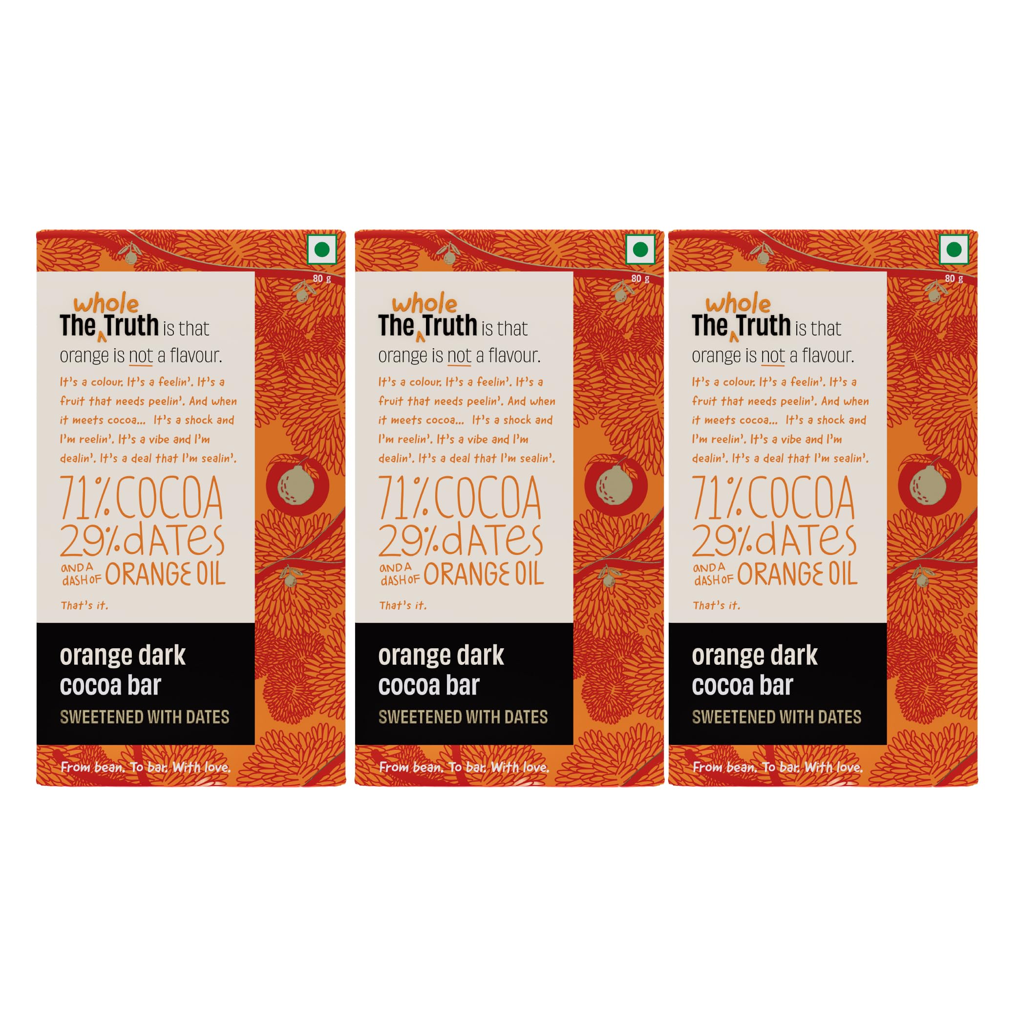 The Whole Truth Dark Chocolate - Orange | Pack Of 3 X 80 gram | No Added Sugar |Sweetened Only With Dates | 71% Cocoa 29% Dates With A Dash Of Orange Oil | Portion Controlled