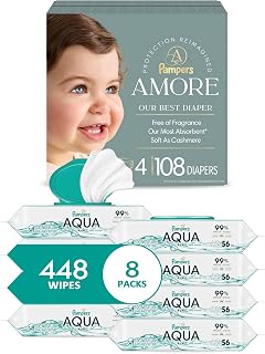 Pampers Amore, Size 4 (15-34 lbs), 108 Count + Pampers Aqua Pure Baby Wipes, 99% Water, Fragrance Free, Unscented, Water Based, Multi-Use, 448 Wipes Total (8X Flip-Top Packs) [Packaging May Vary]
