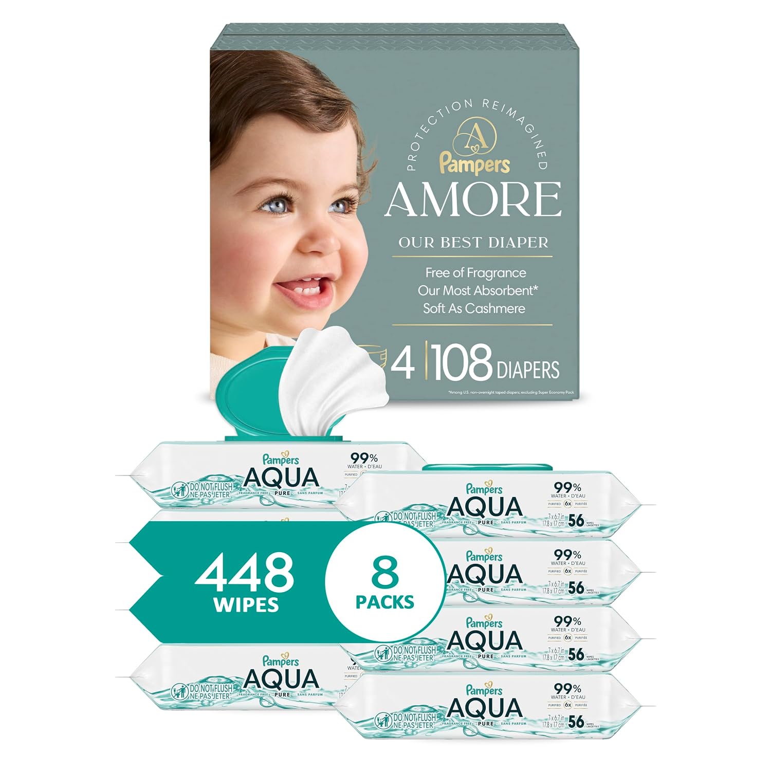 Pampers Amore, Size 1 (8-14 lbs), 132 Count, + Pampers Aqua Pure Baby Wipes, 99% Water, Fragrance Free, Unscented, Water Based, Multi-Use, 448 Wipes Total (8X Flip-Top Packs) [Packaging May Vary]