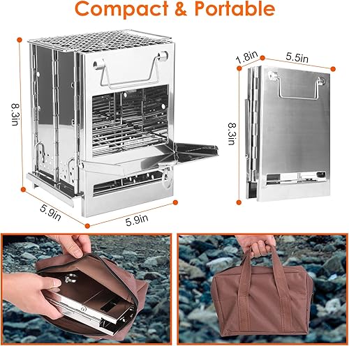 Miniatura 3 de Estufa de camping de leña con parrilla, estufa plegable portátil de acero inoxidable con asa, bolsa de transporte y 2 pernos para senderismo,
