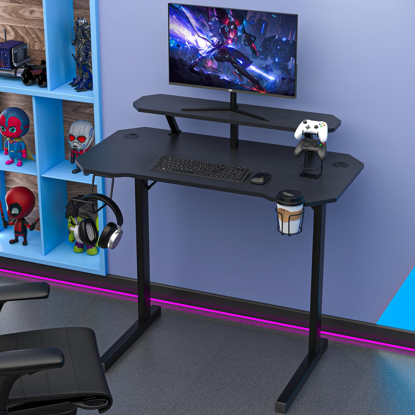 Mesa de Juegos con Soporte para Monitor, Escritorio en Forma de T, Negro, ergonómico, Revestimiento de Fibra de Carbono, Mesa para Gamepad con Soporte para Bebidas, Soporte para Auriculares