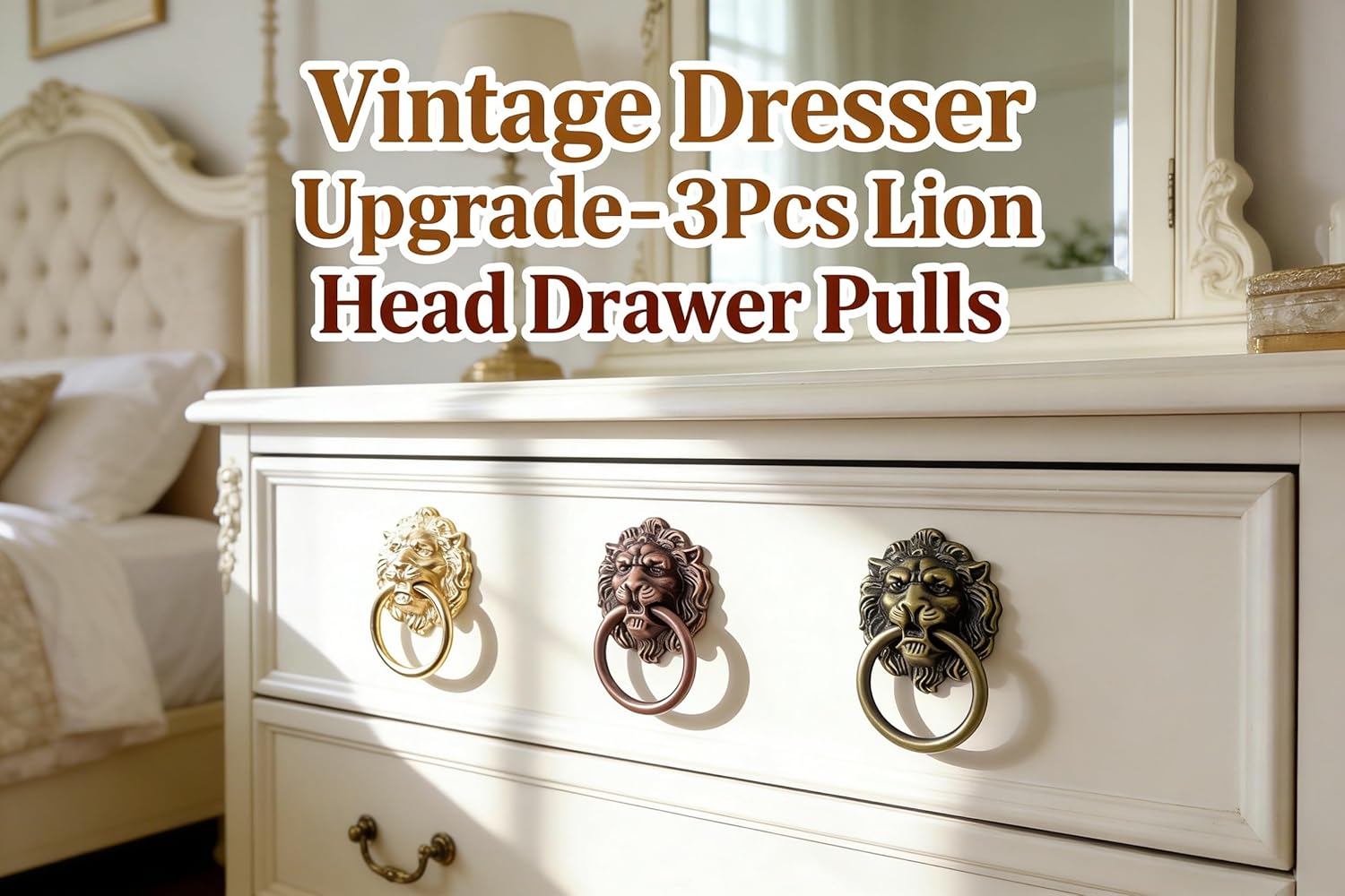 MAGIKON 3-Pack Lion Head Drawer Pull Handles - Vintage Cabinet Knobs for Dressers, Cupboards & Chests (2-Inch Diameter)