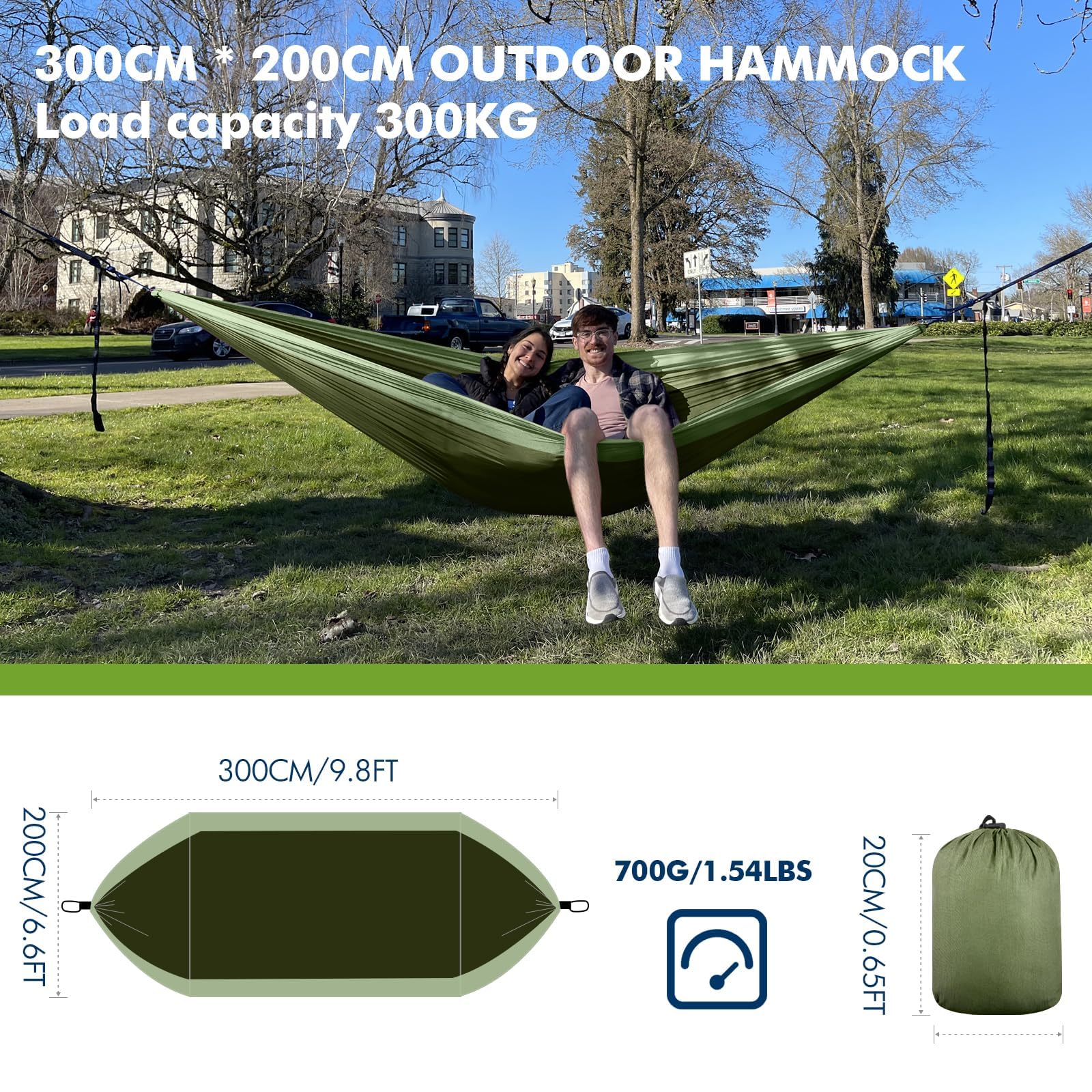 Hamaca para Camping al Aire Libre, 2 Personas, 300 x 200 cm, Ultraligera, portátil, Hamaca de Viaje hasta 300 kg, Capacidad de Carga de Nailon, paracaídas, jardín, Playa, Hamaca Doble
