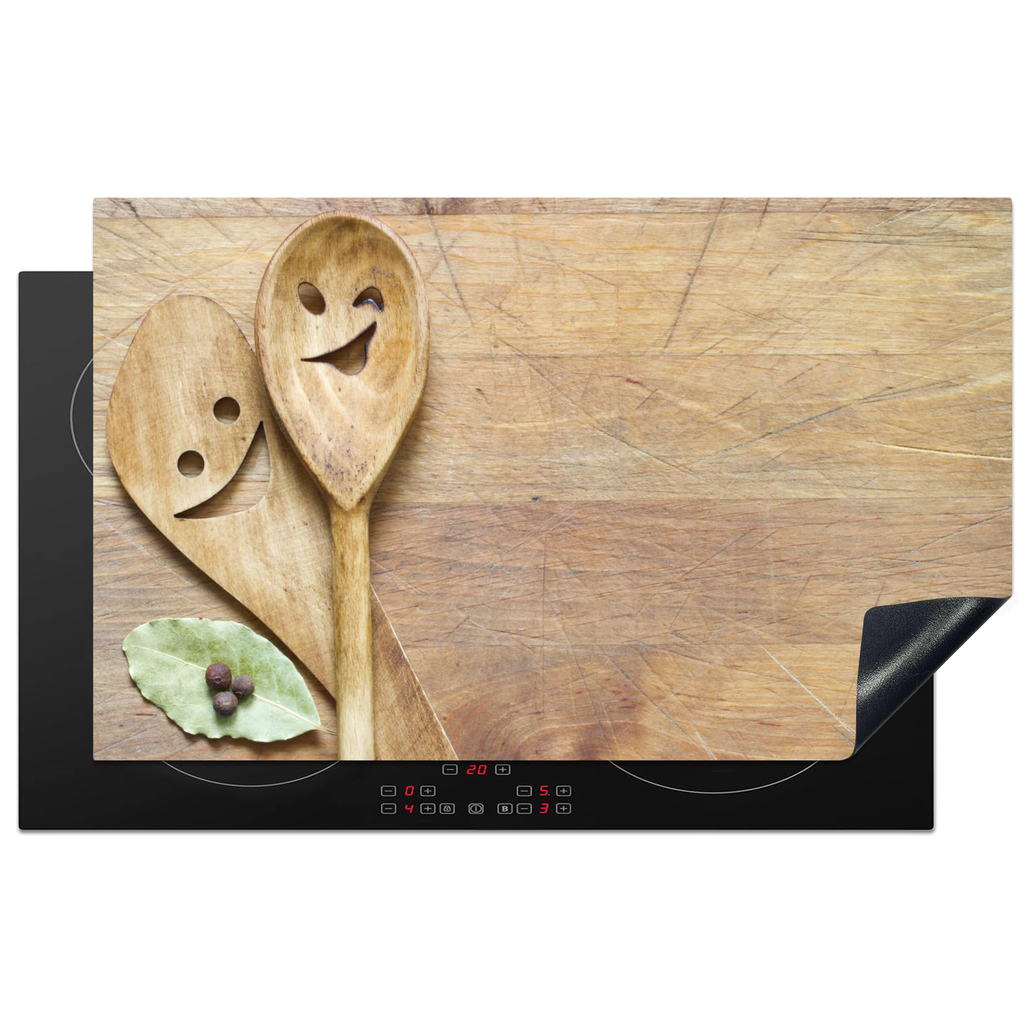 KitchenYeah© Induction Hob Protector Mat 20.3"x32.7" / 83x51.5 cm Stove Cap Top Cover Kitchen Cooker Covers for Electric Hobs Vinyl Wood - Spoons - Brown - Smiley