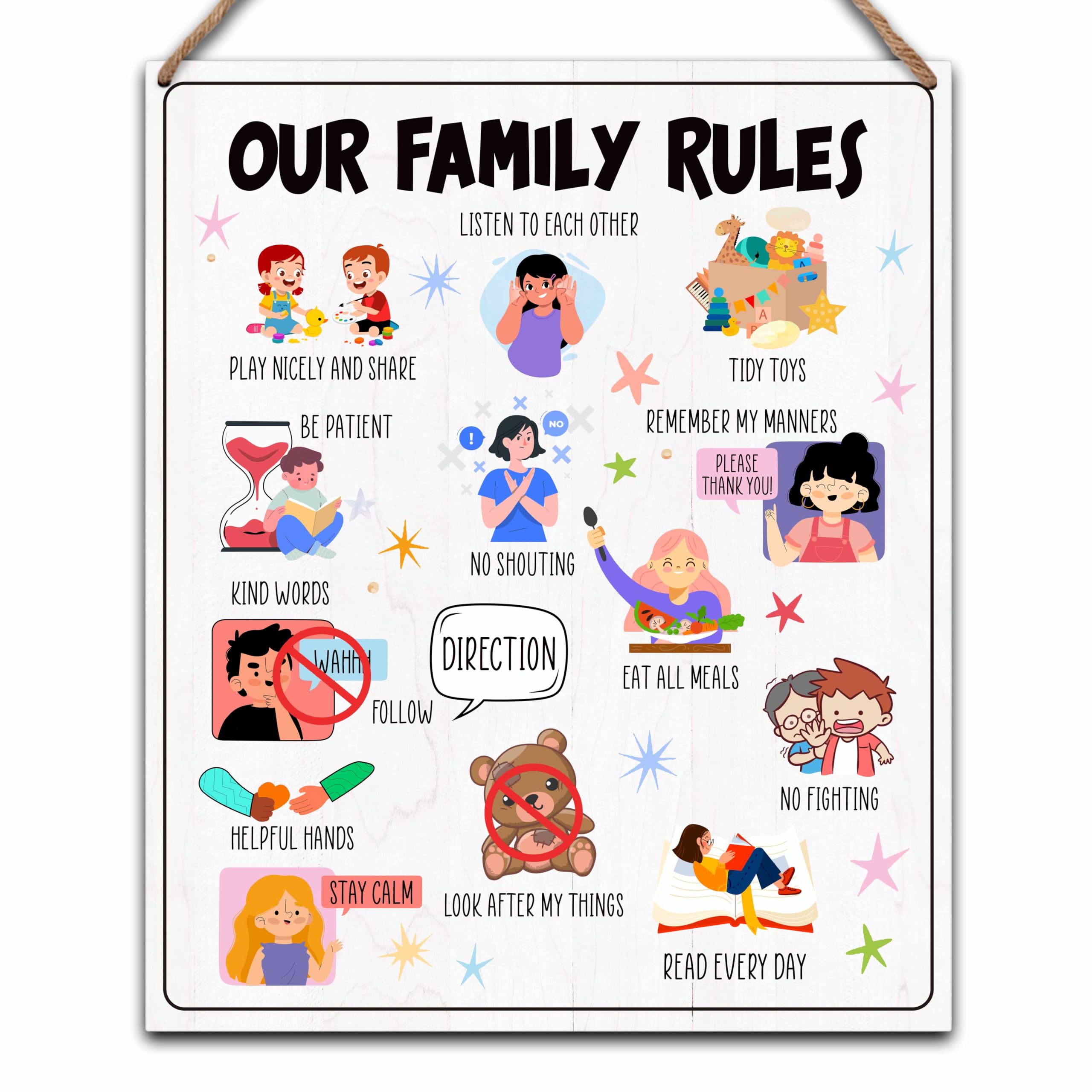 Beshoul House Rules - Ready to Hanging Family Rules Wood Decor Sign - Home Wall Art Decor - Playroom Decorations for Toddler Bedroom Living Room - B01