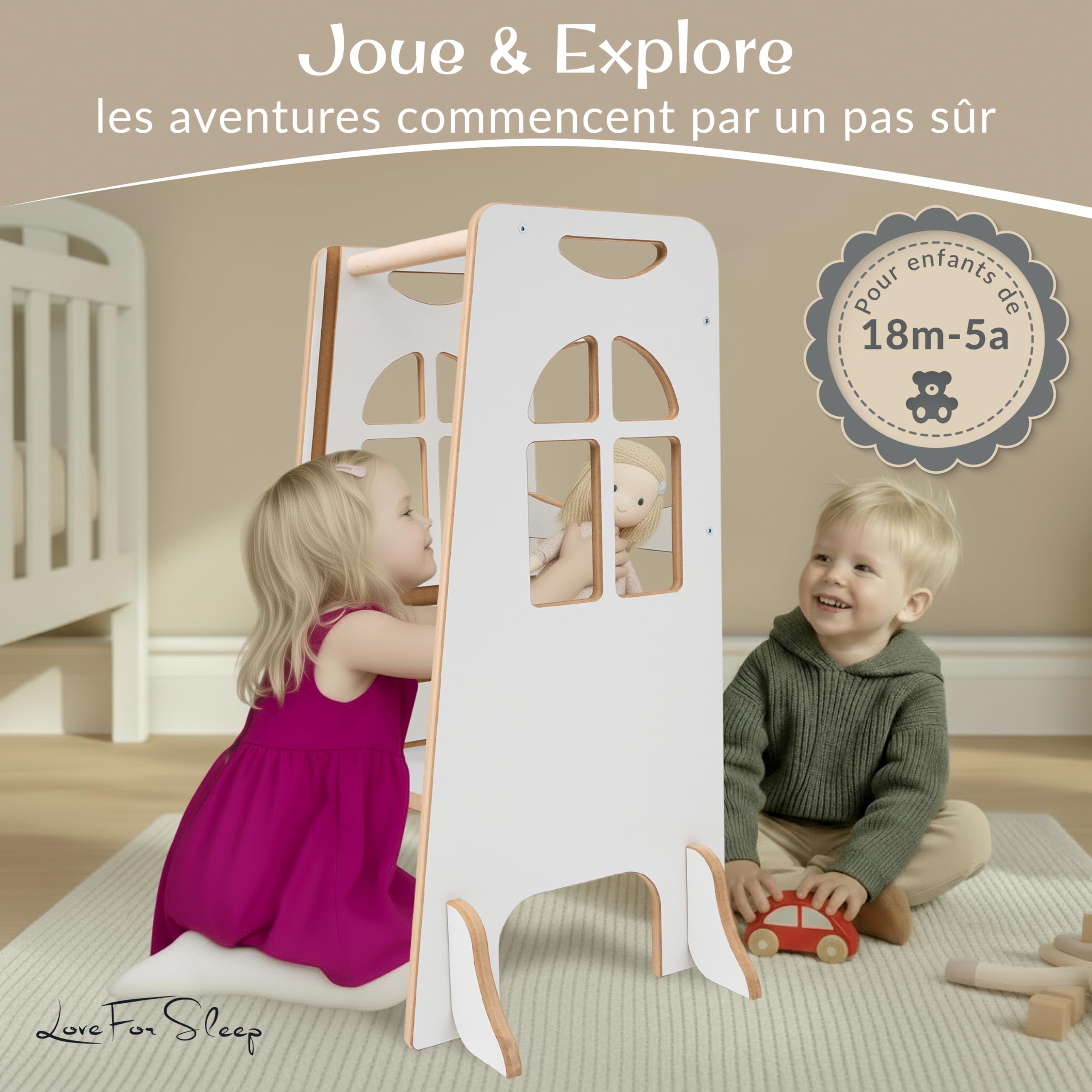 Tour d’Observation Montessori en Bois – Aide de Cuisine réglable pour Enfants de 2 à 6 Ans, Marchepied sécurisé avec 3 hauteurs,avec Supports latéraux Anti-basculement et Panneau arrière de sécurité