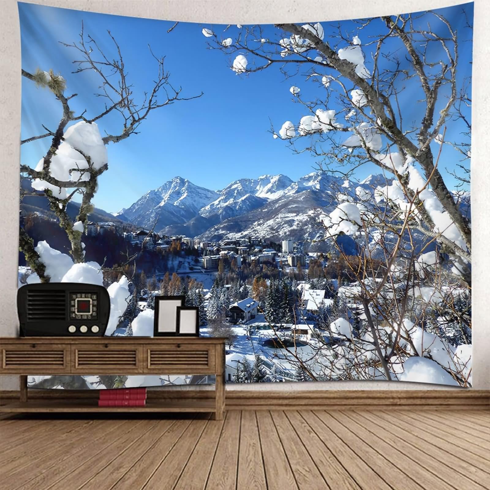 Aotiwe Wandvorhang Boho, Wandbehang Groß Schnee, Berg, Dorf, Landschaft Grau Blau Wandtücher Groß 200x200cm