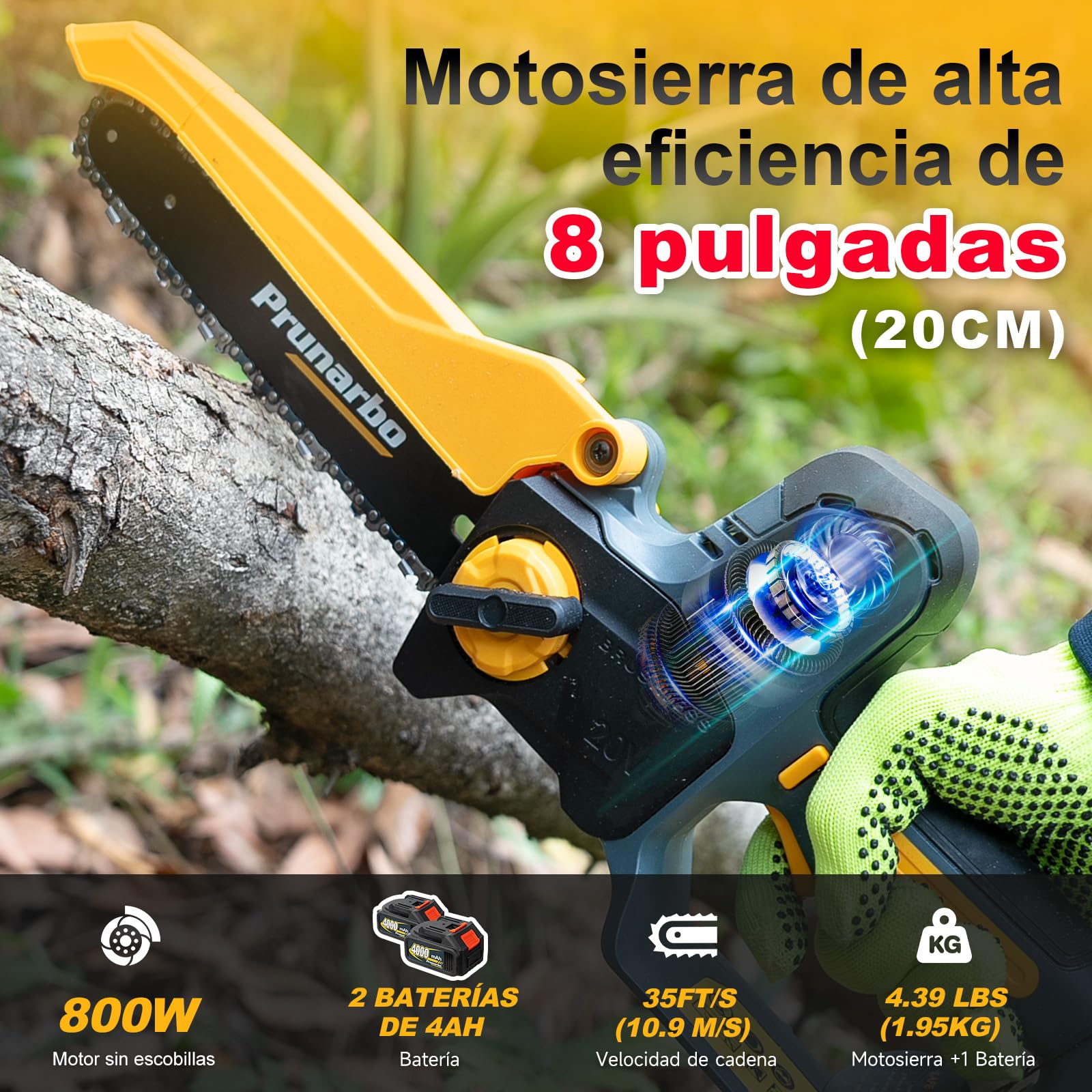Sierra de Pértiga 2 en 1 con Mini Motosierra de 8 Pulgadas | Motor Sin Escobillas, Engrase Automático, Cabezal Ajustable 180°, Alcance Hasta 2,5 m Con Dos Baterías De 4,0 Ah