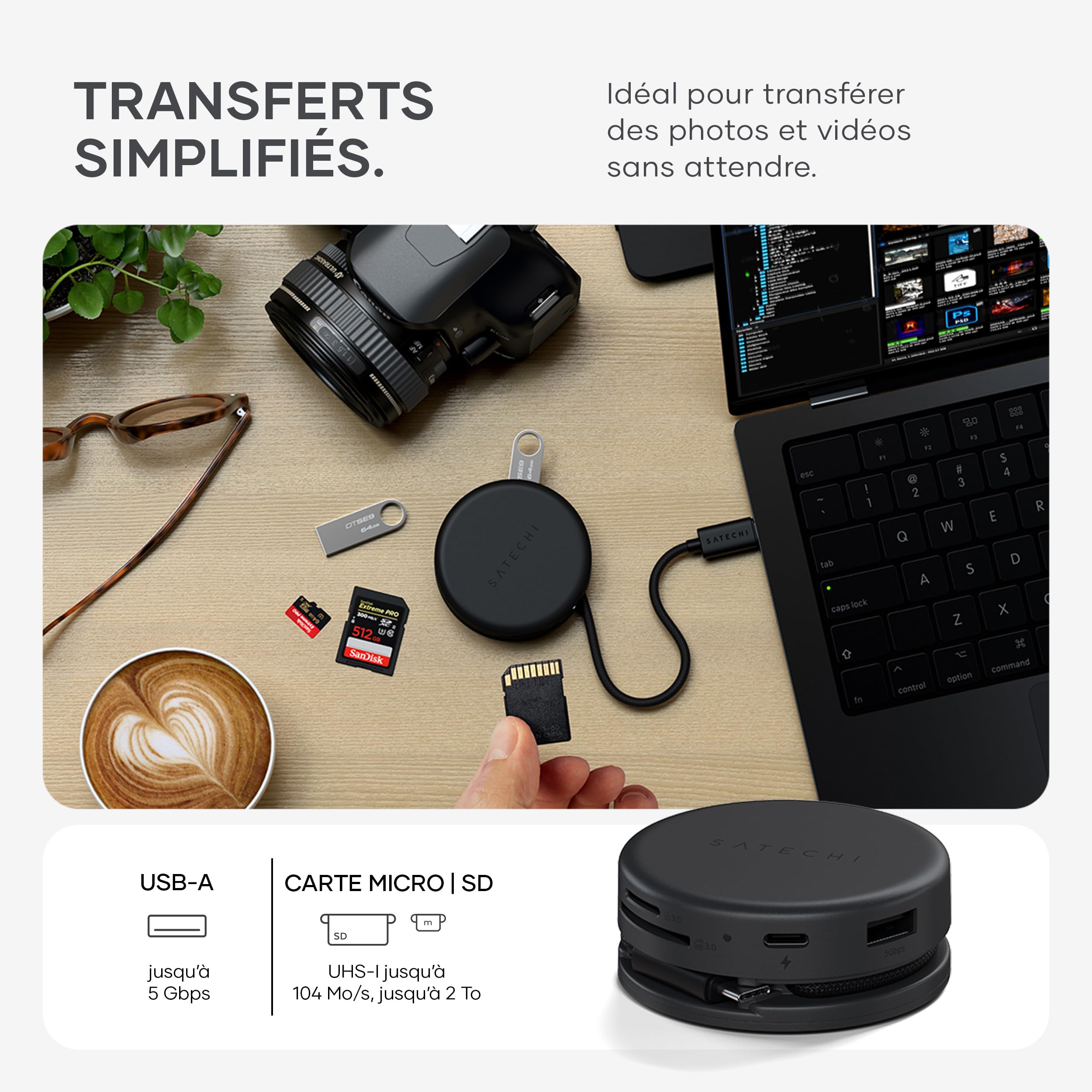 SATECHI 7 en 1 OntheGo Hub USB-C Magnétique, 100W PD, 4K HDMI, Noir | Câble enroulable intégré, fixation magnétique, 4K@60Hz, Ethernet, 2x USB-A 5Gbps, SD/microSD, pour Mac, Windows et plus