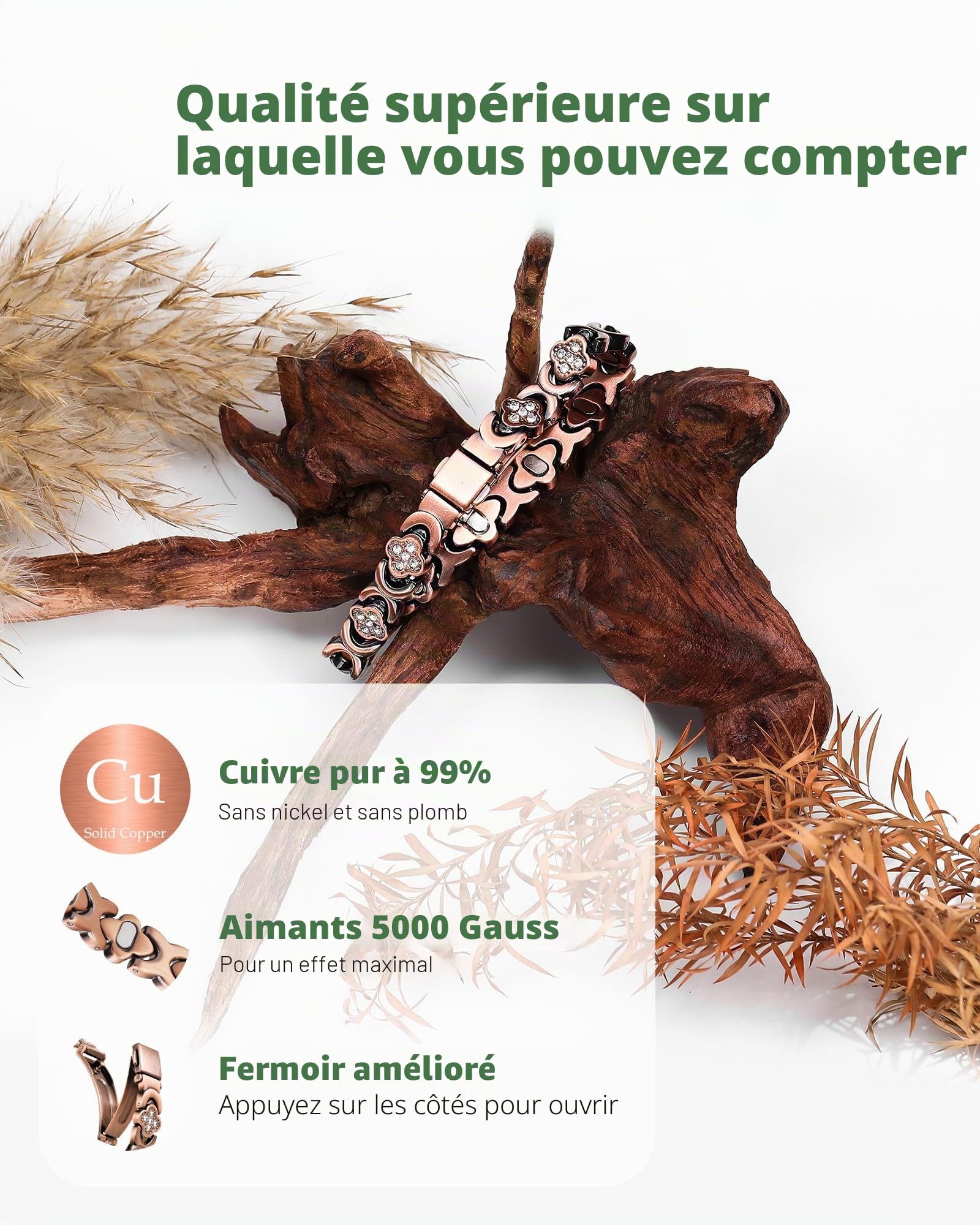 Jeracol Bracelet magnétique en cuivre avec aimant ultra puissant