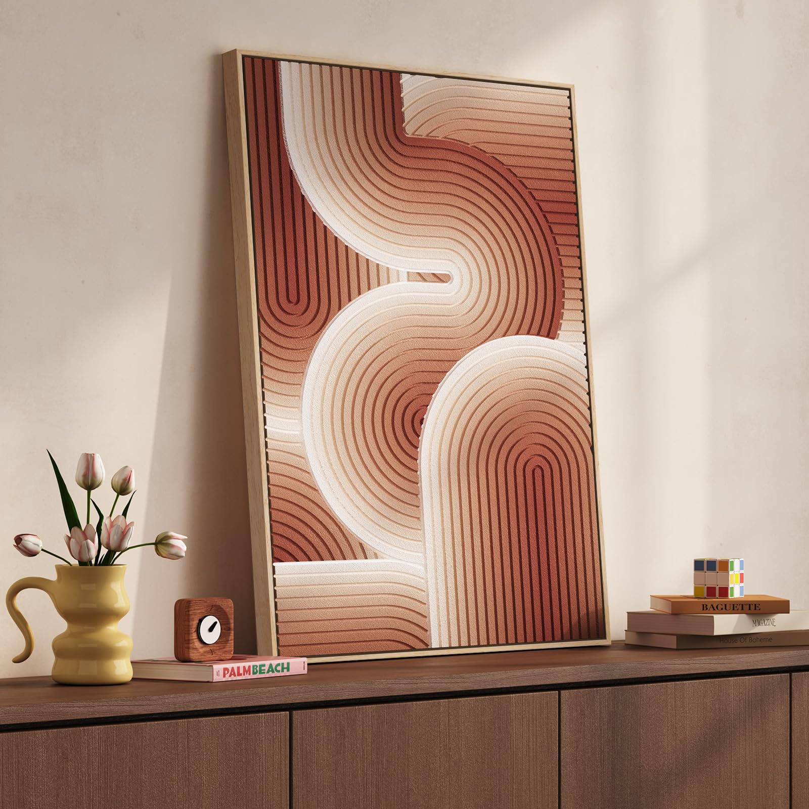 Photo 1 of 3D Textured Framed Boho Abstract Wall Art, Modern Terracotta Carved Geometric Paintings Artwork for Walls, Minimalist Wavy Line Pictures for Living Room Bedroom Dining Room Hallway Wall Decor 24x36 In