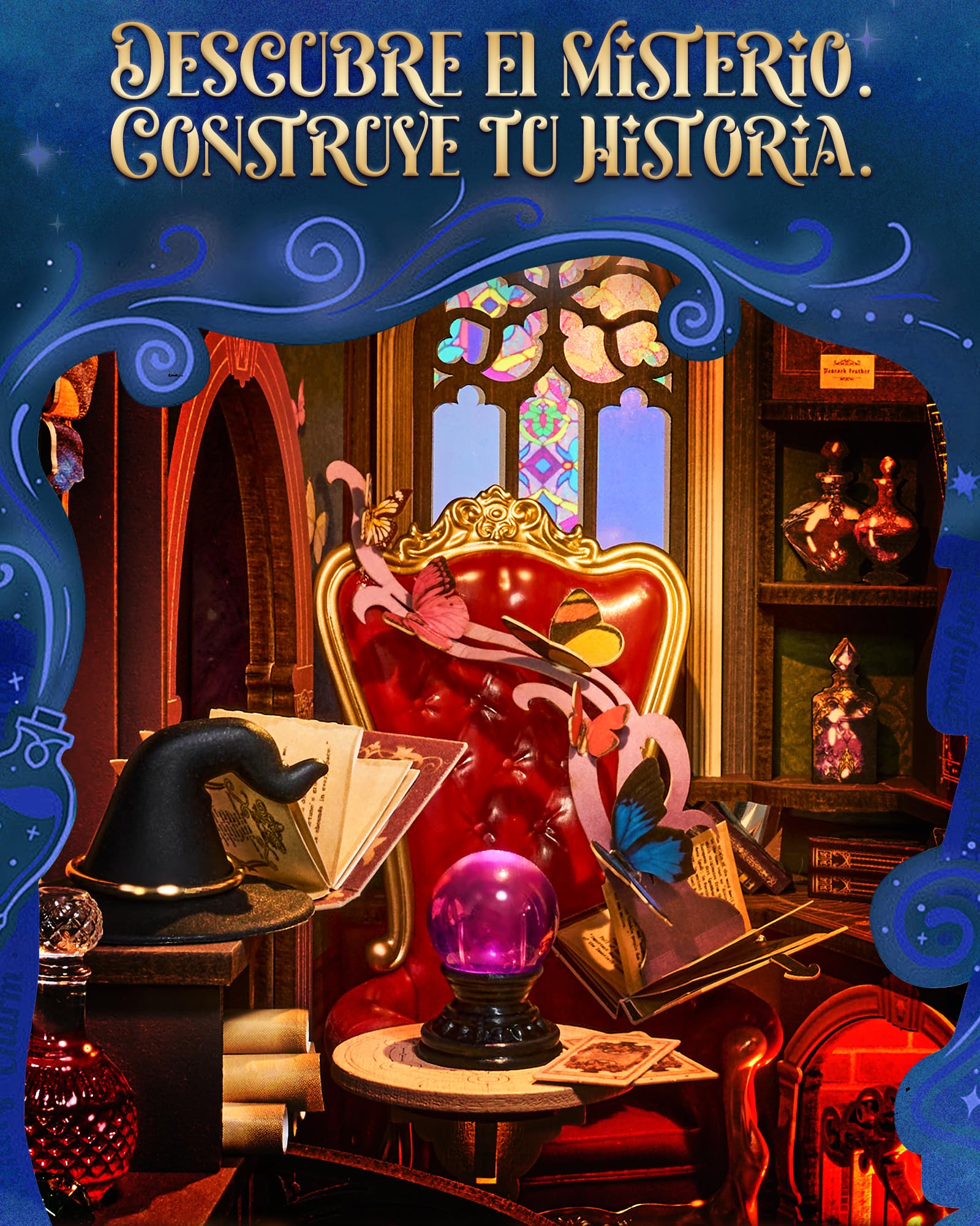 Rolife Book Nook Puzzle 3D Magic Fantasy Corner, DIY Miniature House con Luz y Puerta con Cierre, Booknook Kit de Diorama para Estantería de Esquina, Cumpleaños Único para Adultos
