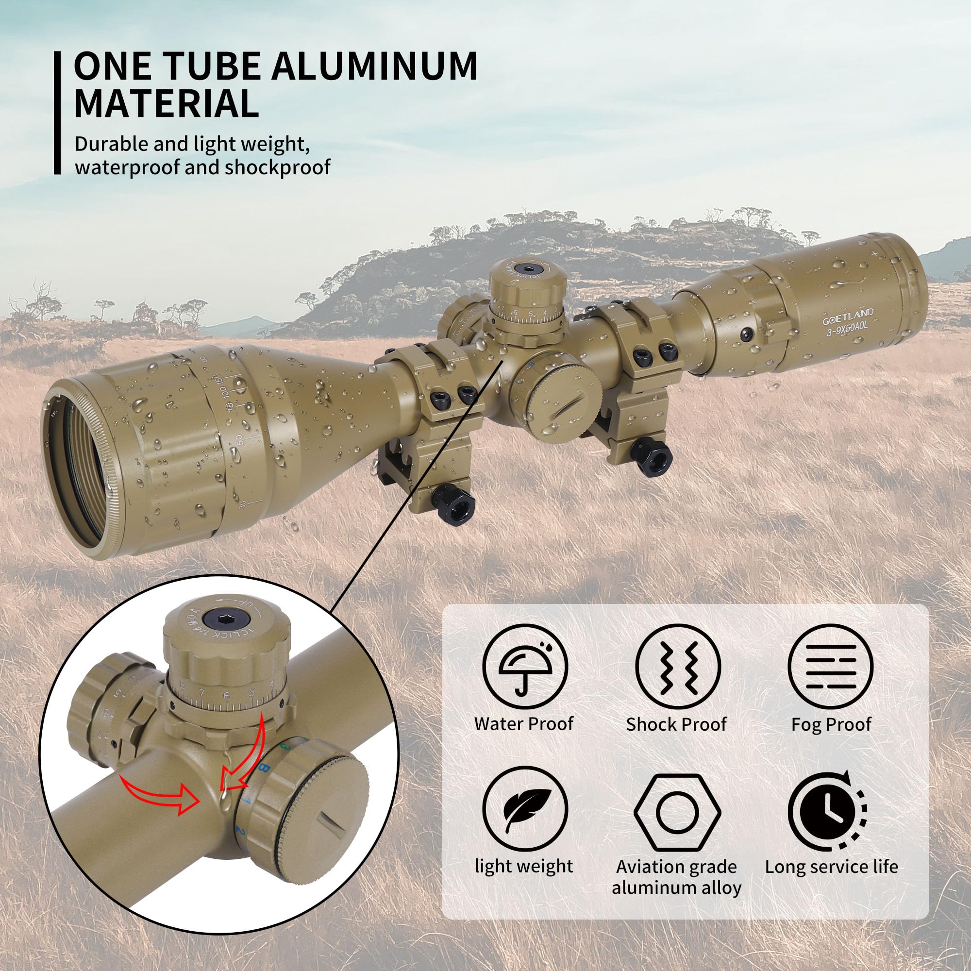Goetland Gewehr Zielfernrohr 3-9x50 Airsoft Mil Dot Optik R4 Absehen mit Montage Ringe SFP Rot Grün Blaue für Taktische Jagd Luftgewehr Sportschützen