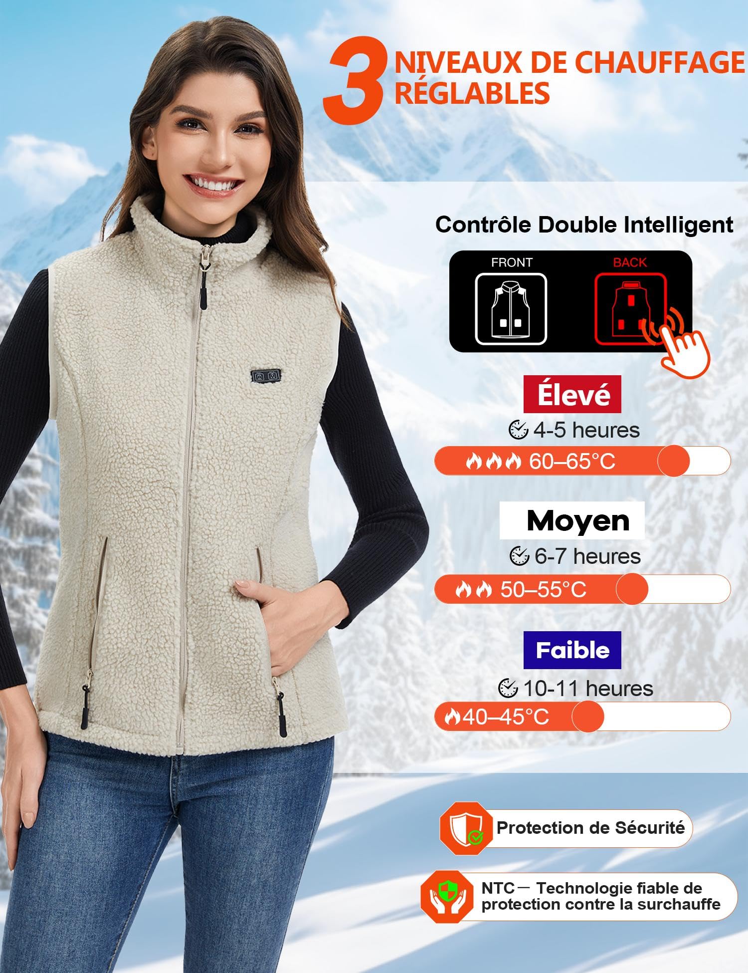 Gilet Chauffant Femme avec Batterie 18400mAh - Gilet Chauffant Polaire, 8 Zones Chauffantes, Veste Chauffante Électrique Hiver Chaud