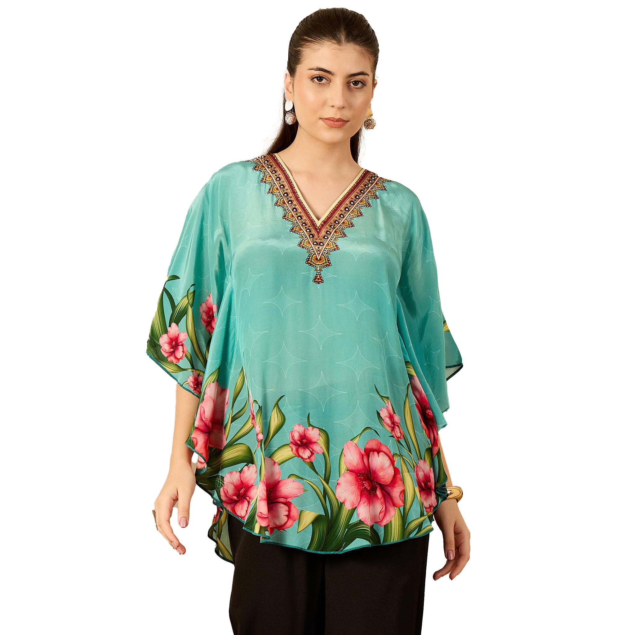 Sky Blue Floral Printed Tunic in Viscose Crepe for Women by Ramola Bachchan-image-36