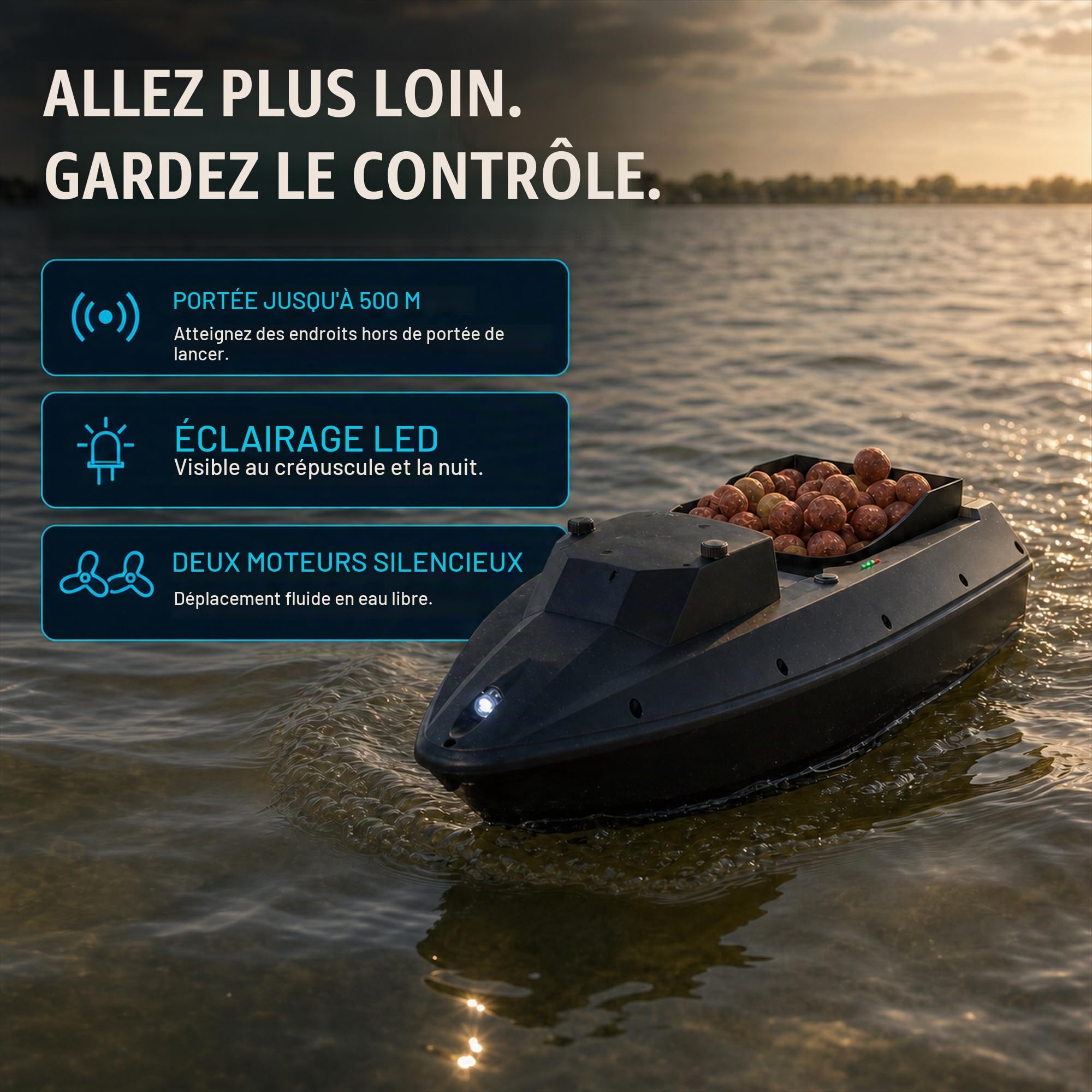Bateau amorceur à la Carpe - Nouveau Modèle avec Régulateur de Croisière, 1.5 kg Capacité de Charge, 500 m Portée, 3 Heures de Navire, Lumières LED - Bateau à Carpe Baitboat avec Télécommande