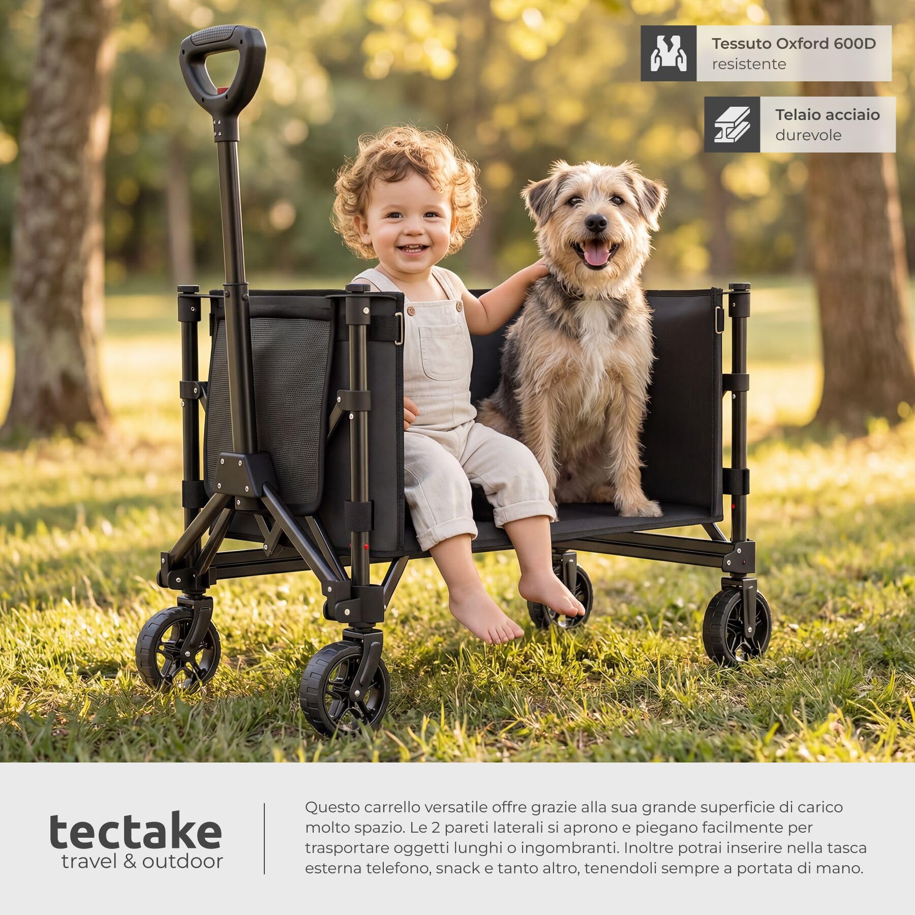 tectake®, Carrello con Ruote Portatutto a mano pieghevole, 120 L portata max 60 kg in acciaio, Carrellino con Ruote Portatutto, trolley con manico, ruote girevoli con freno, carrello spesa, campeggio