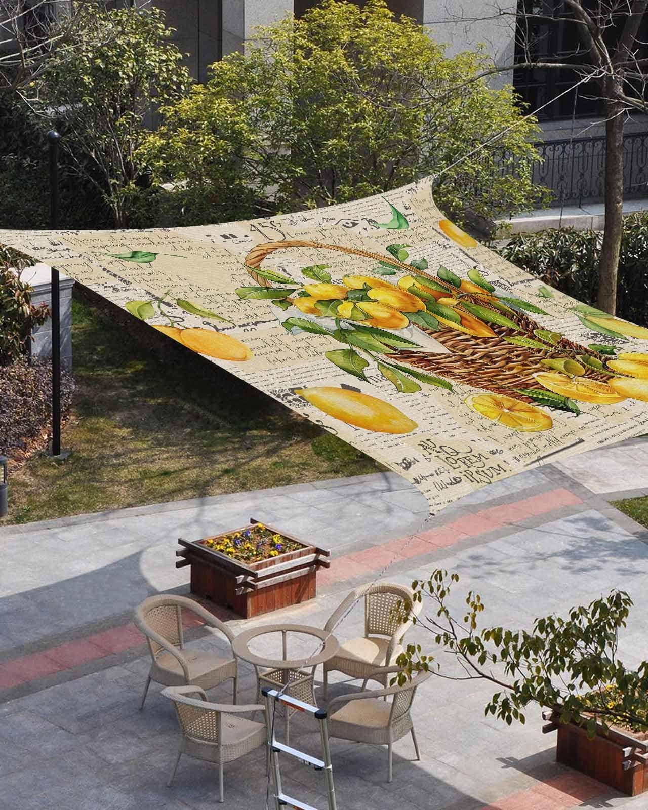 Waterproof Sun Shade Sail Summer Lemons in Fruit Basket Old Newspaper Outdoor Patio Sun Shades Canopy UV Block Water Resistant Sunshade for Garden Backyard Deck Pergola 8x10 Ft