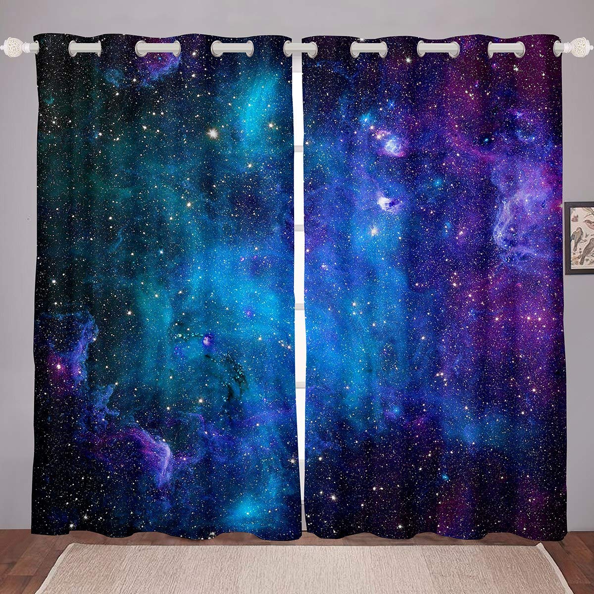 Tbrand Kinder Blickdichte Vorhänge Galaxie Sternenhimmel Vorhänge für Jungen Mädchen Weich Atmungsaktiv Microfaser 137x117cm Fenstervorhang Lila Blau