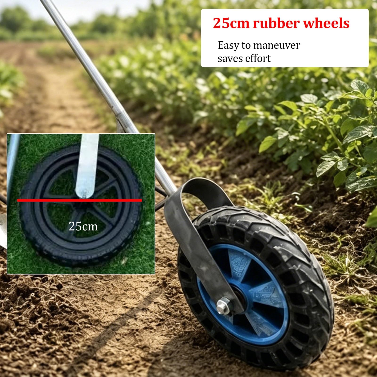 Aratro manuale a spinta con ruote, fresa fissa in acciaio al manganese, attrezzo da giardino per la lavorazione del terreno, ideale per orti, serre e frutteti(5-tine)