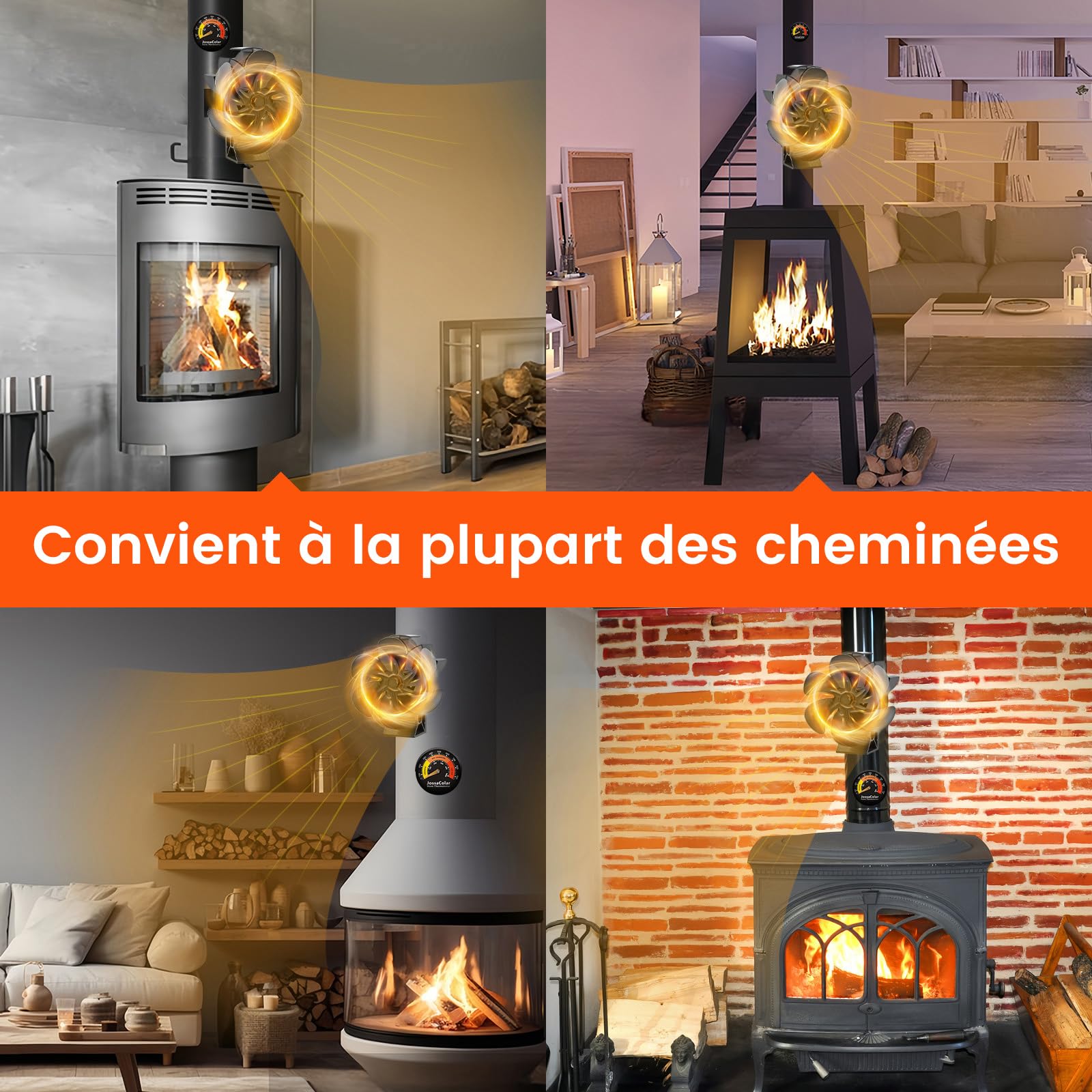 JossaColar Ventilateur Poele à Bois Magnétique 6 Lames | Ventilateur Poele a Bois Ventilateur Cheminée | Ventilateur de Poele a Bois | Ventilateur de Poêle à Bois avec Thermomètre Magnétique